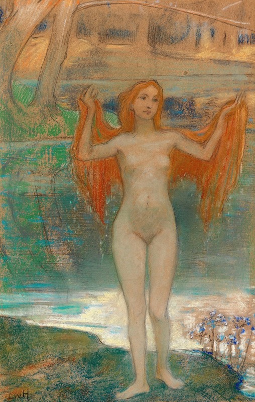 A serene landscape painting depicting a girl by the lakeside.