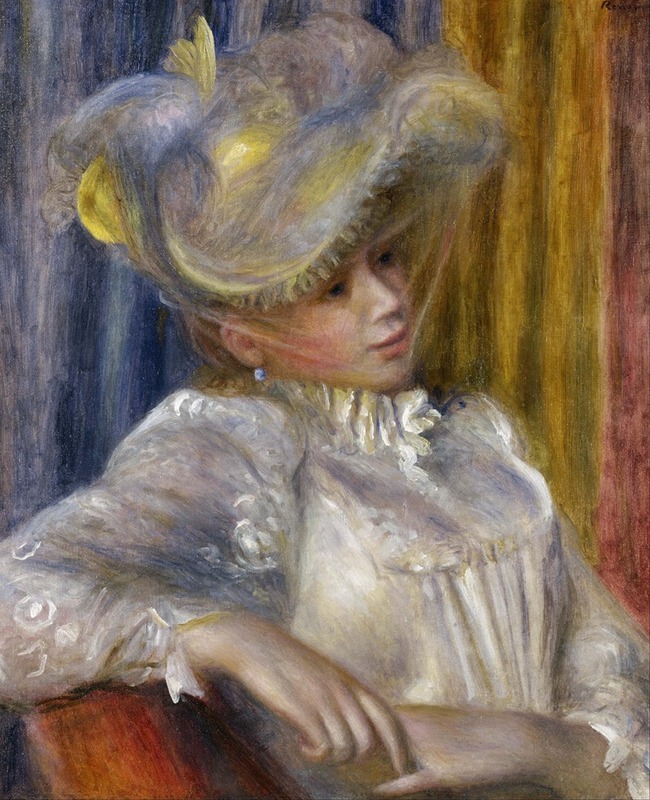 A vibrant portrait of a woman wearing a hat by Renoir.