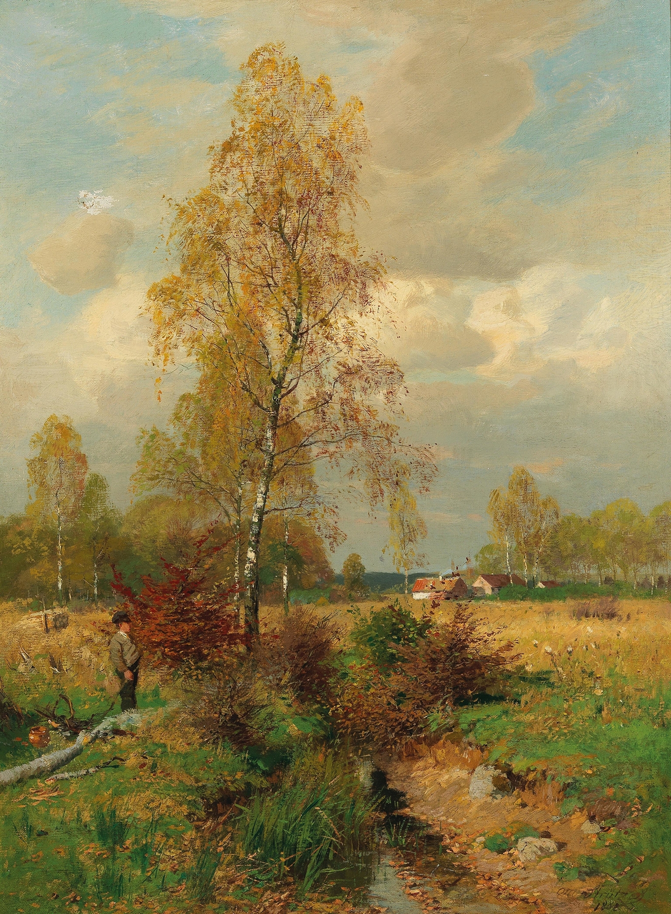 A peasant stands at the edge of the woods in an oil painting by Otto Strützel.