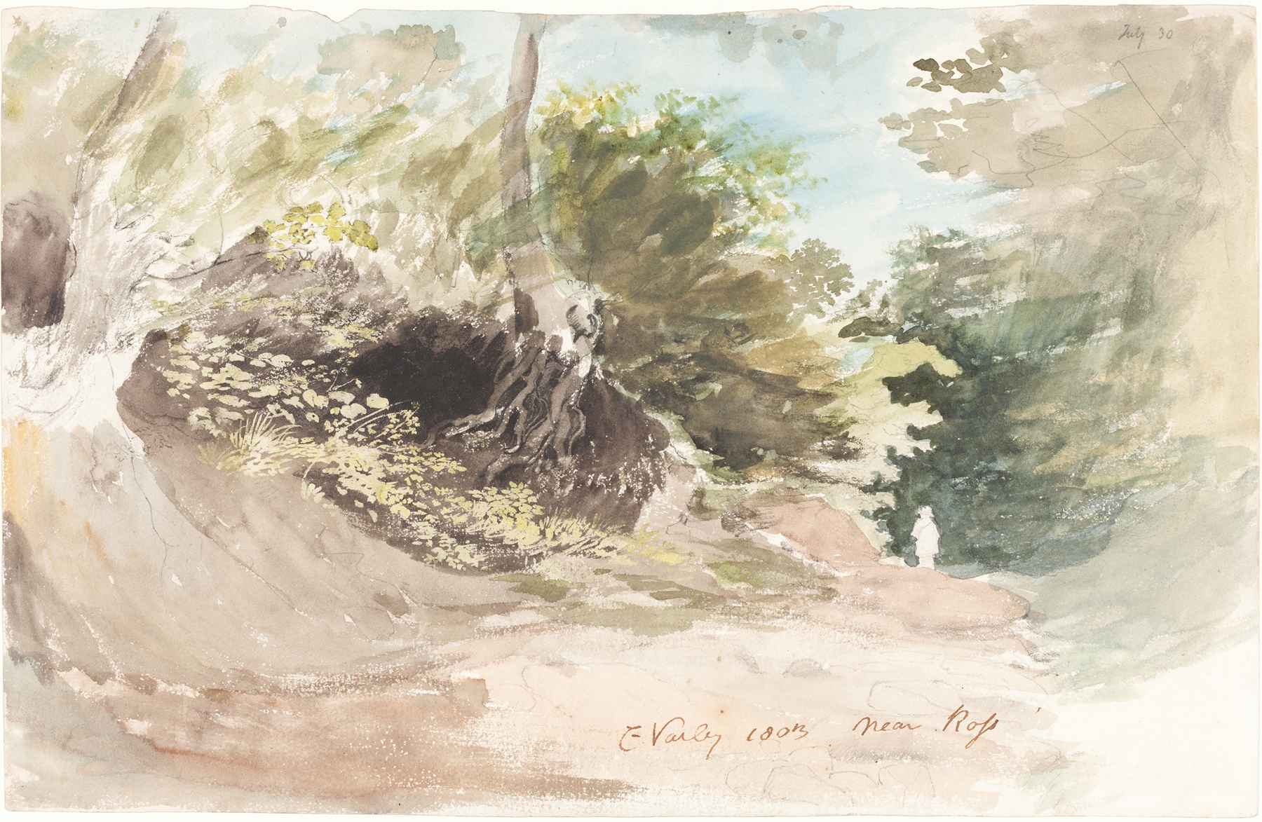 A wooded lane with light filtering through trees, watercolor by Cornelius Varley