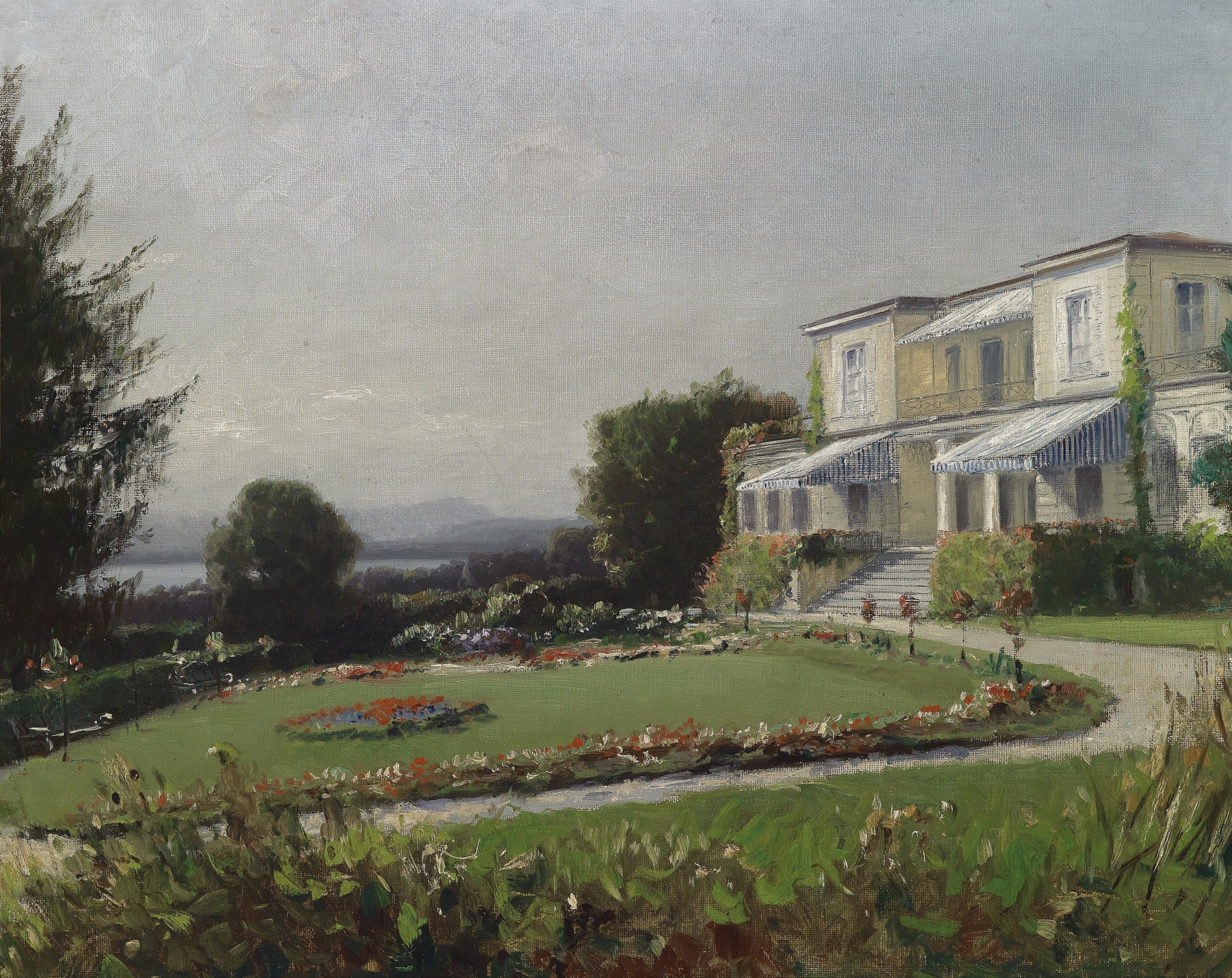 Landscape oil painting by Ludwig Willroider featuring soft greens and yellows.