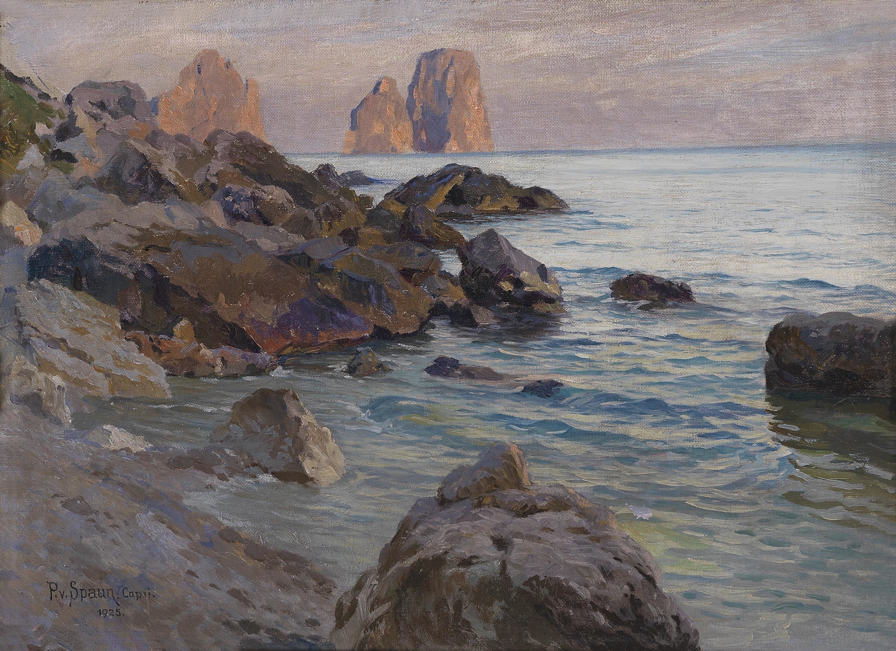 Marine scene with coastal rock formations and blue waves by Paul Von Spaun