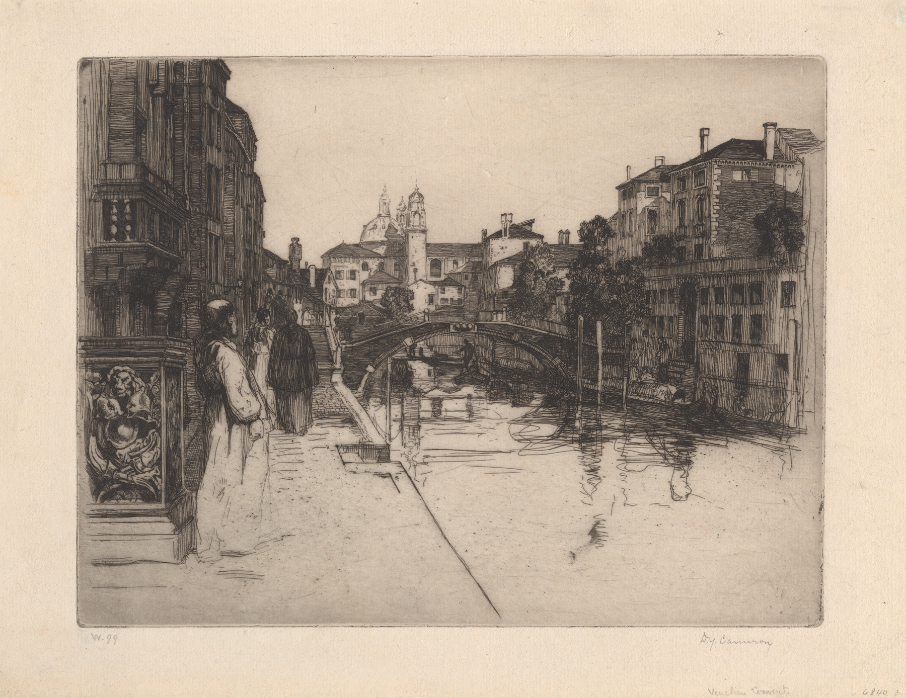 Venetian Convent etching by David Young Cameron, depicting a tranquil landscape at dusk with water reflections.