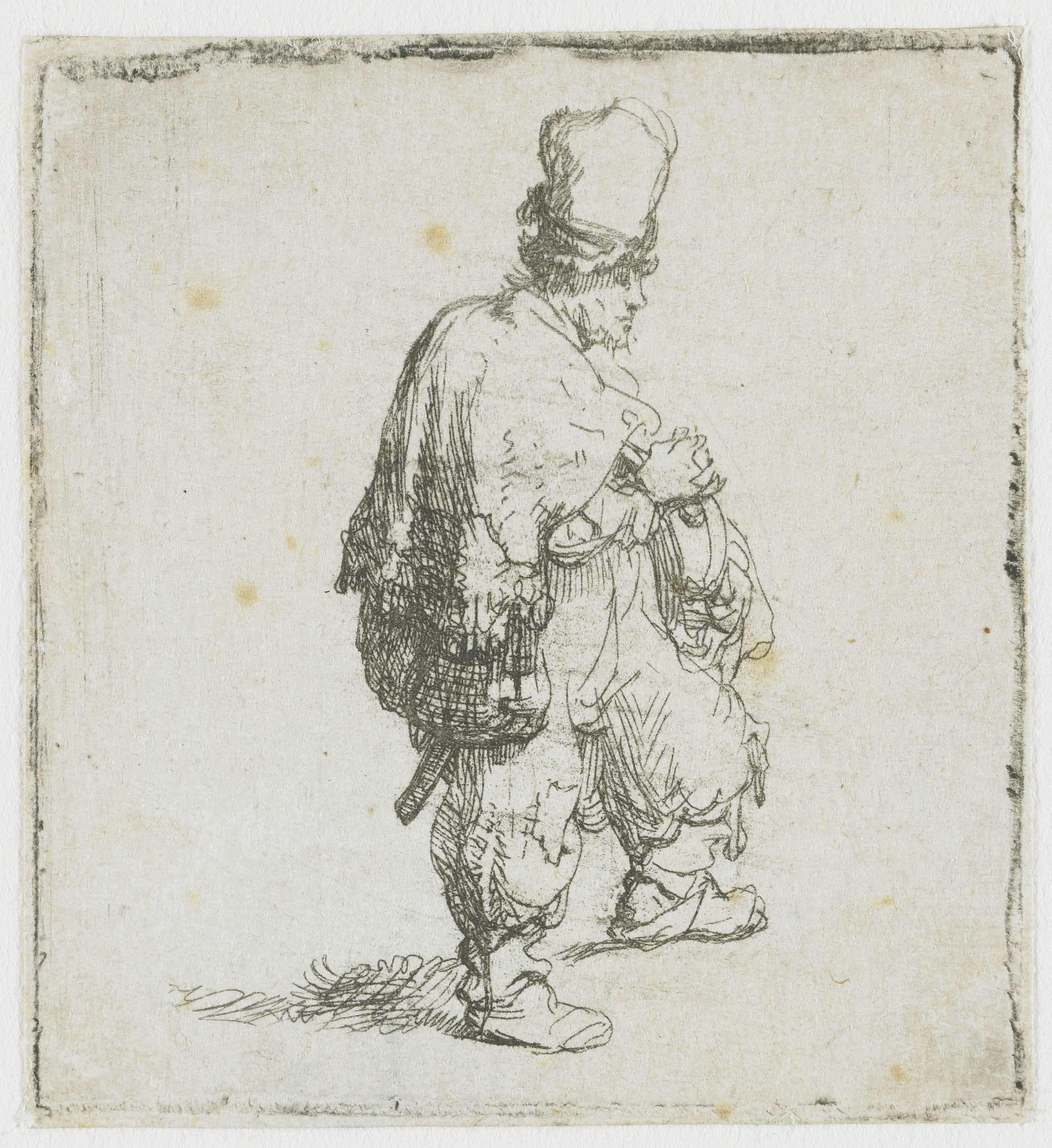 A standing hurdy-gurdy player, by Rembrandt van Rijn, public domain