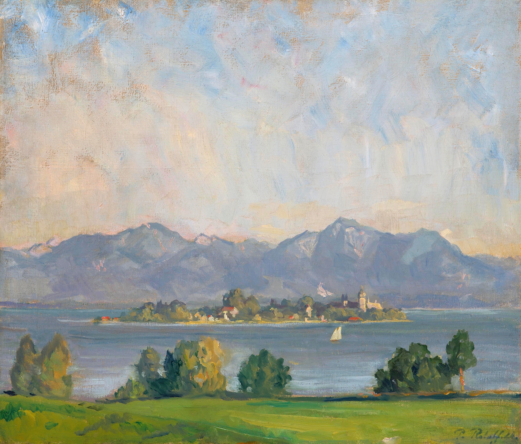 Blick auf Frauenchiemsee by Paul Roloff, oil on canvas depicting a tranquil lake and mountains.