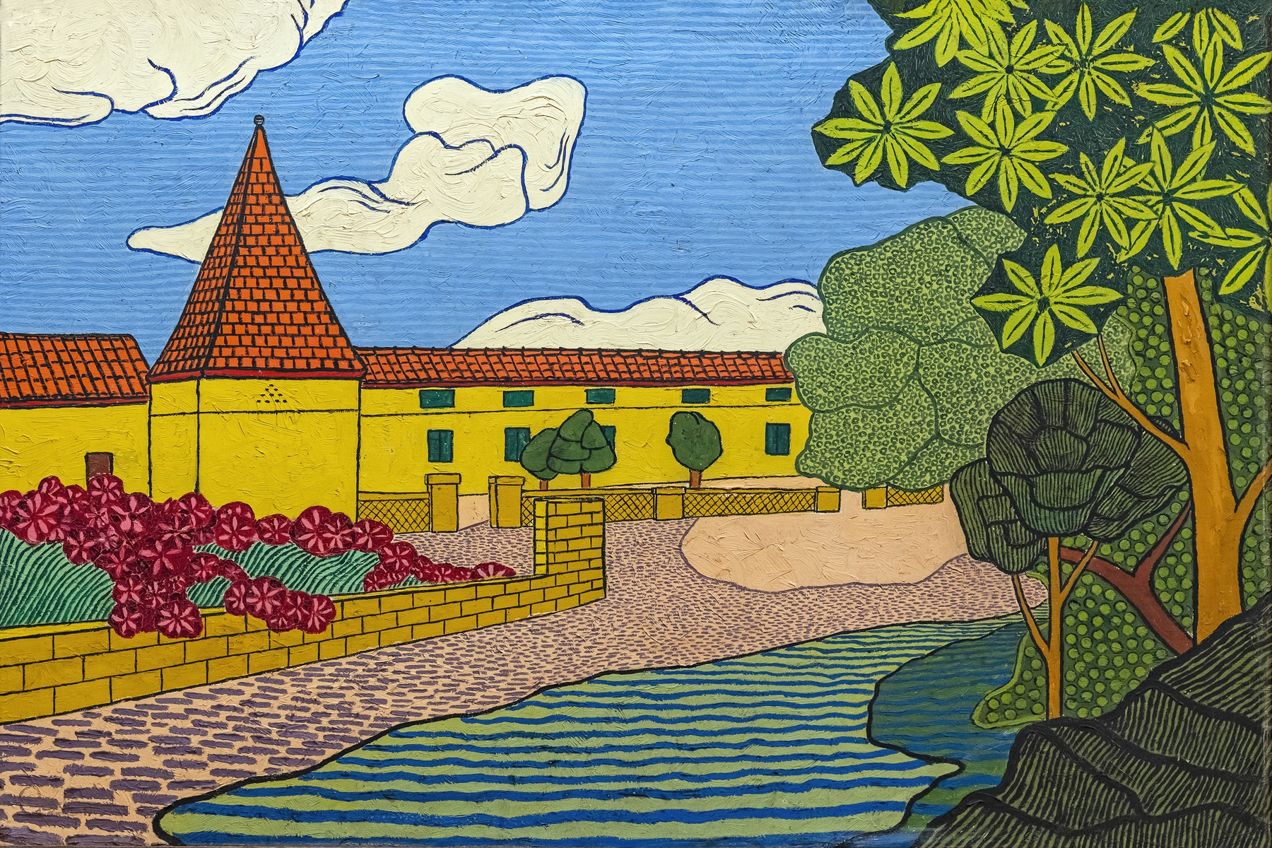 Landscape oil painting by Georges Gaudion featuring vibrant hues and golden light.