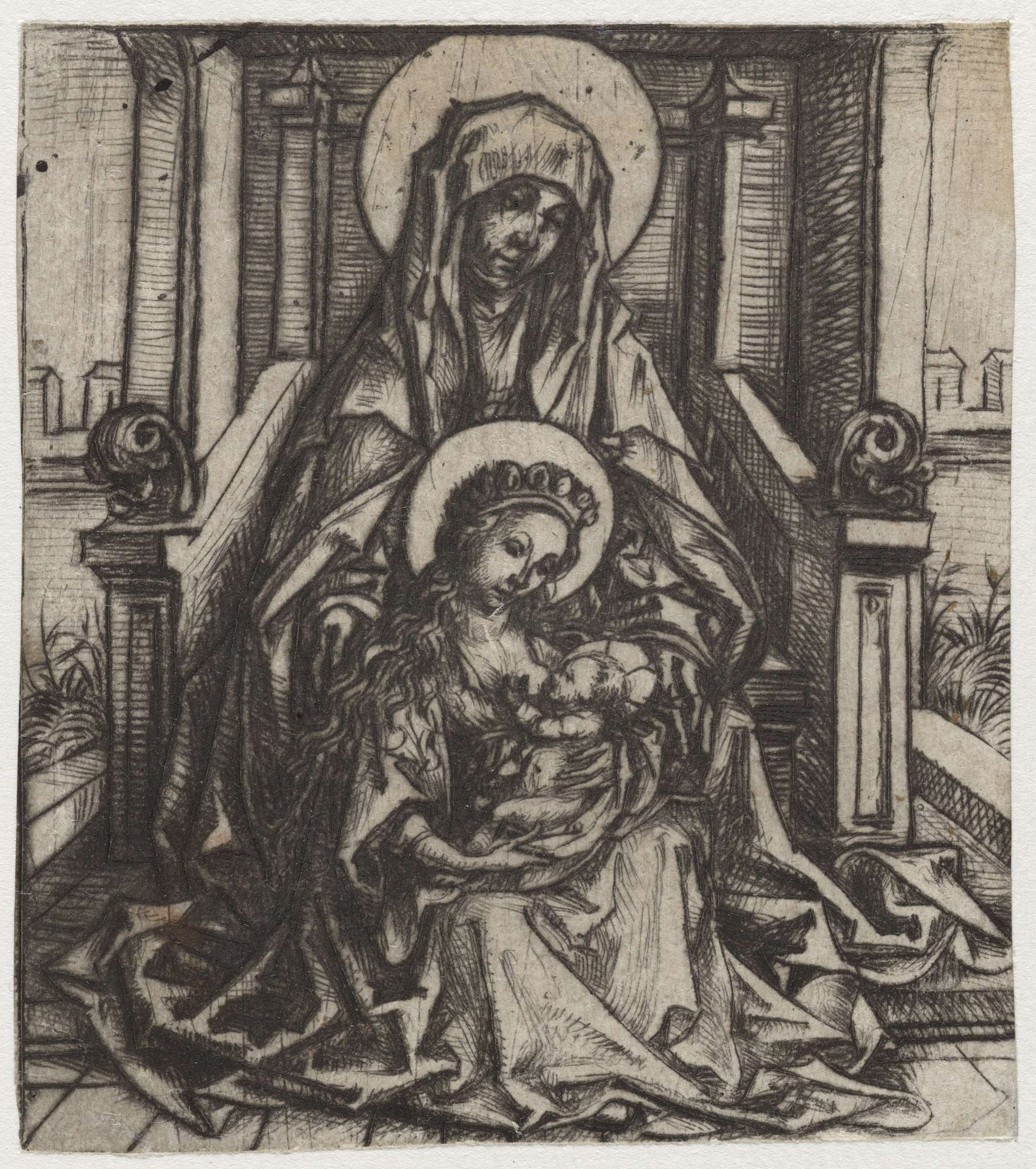Heilige Anna-te-Drieën drypoint by Meester van het Amsterdamse Kabinet showing Saint Anne, Virgin Mary, and infant Christ.