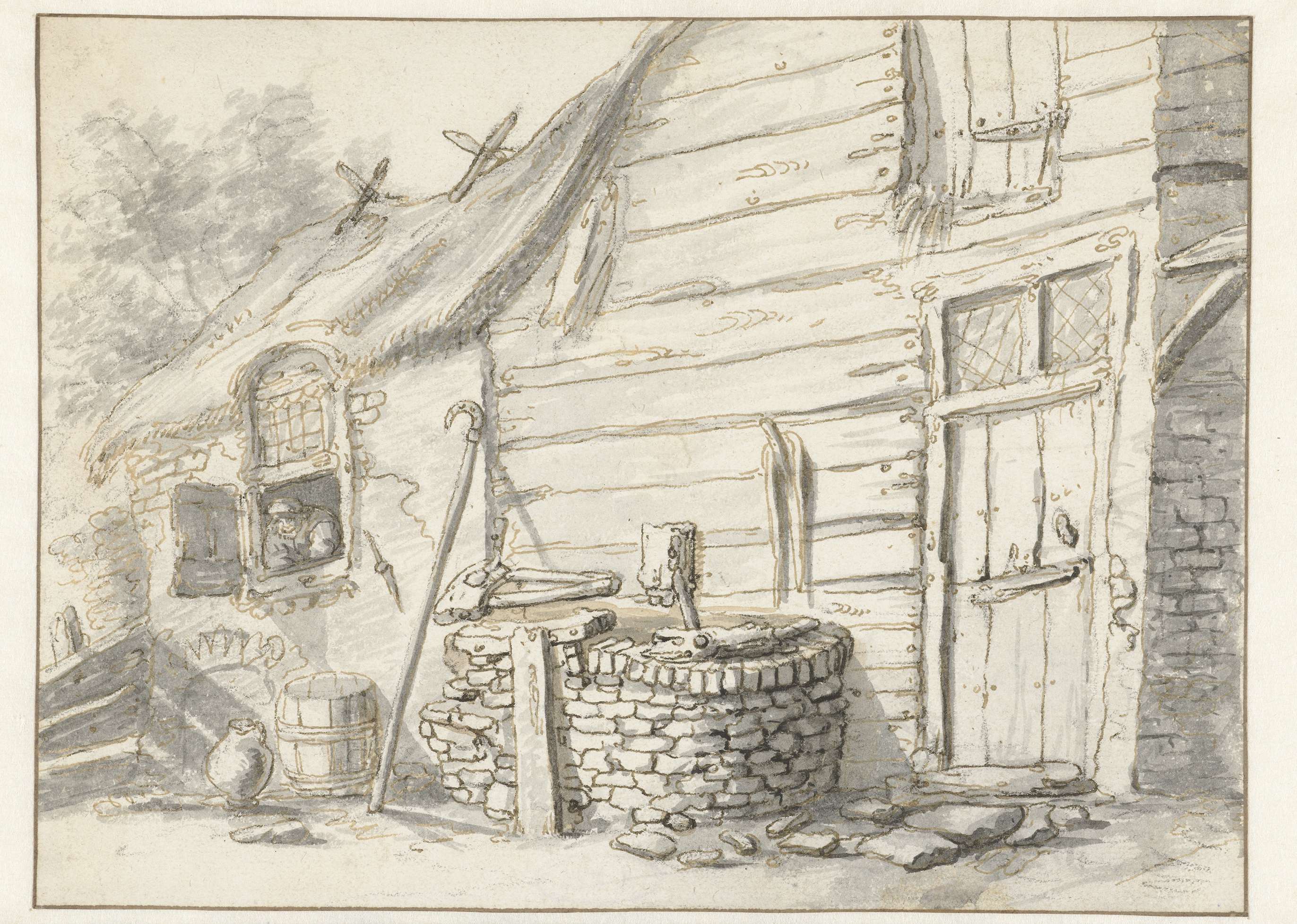 Boerenwoning by Cornelis Gerritsz Decker, oil painting of a rustic farmhouse illuminated by soft light