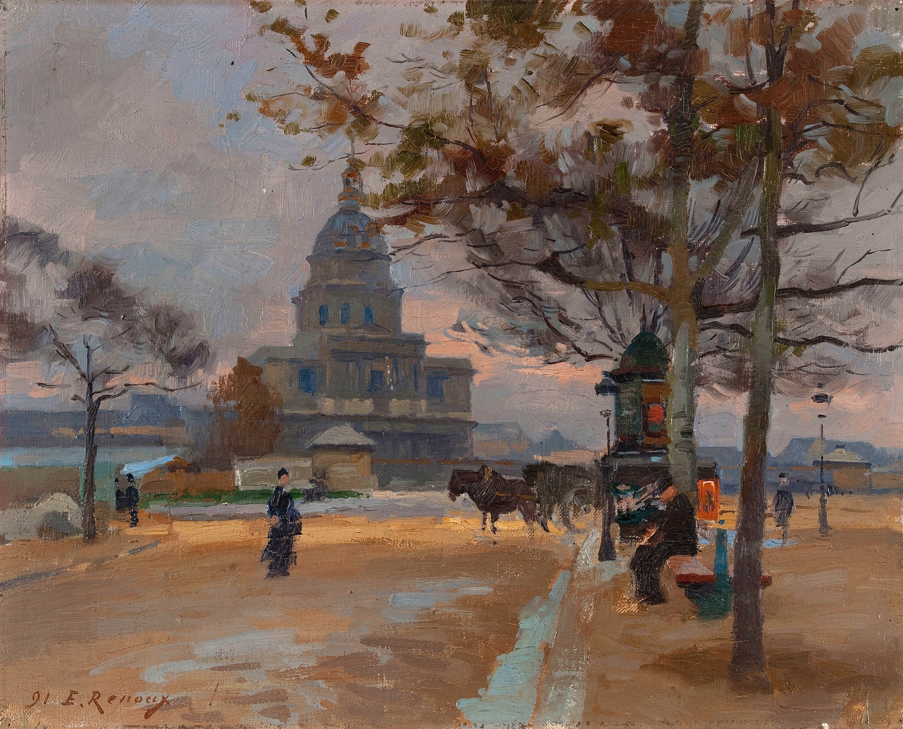 Oil painting by Ernest Jules Renoux depicting the dome of Les Invalides under a blue sky.