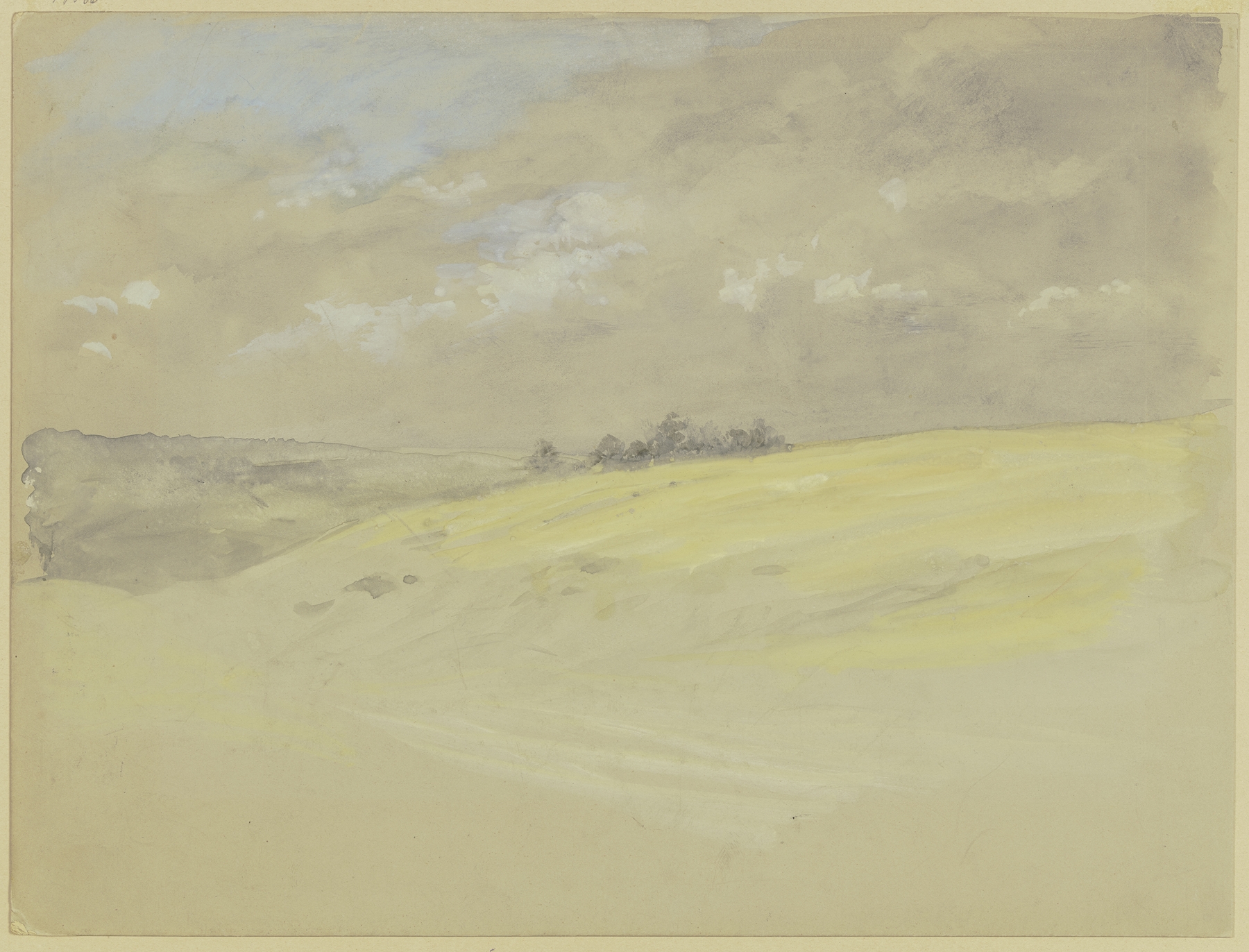 Hilly landscape by Wilhelm Amandus Beer, oil painting depicting rolling hills and a green meadow.