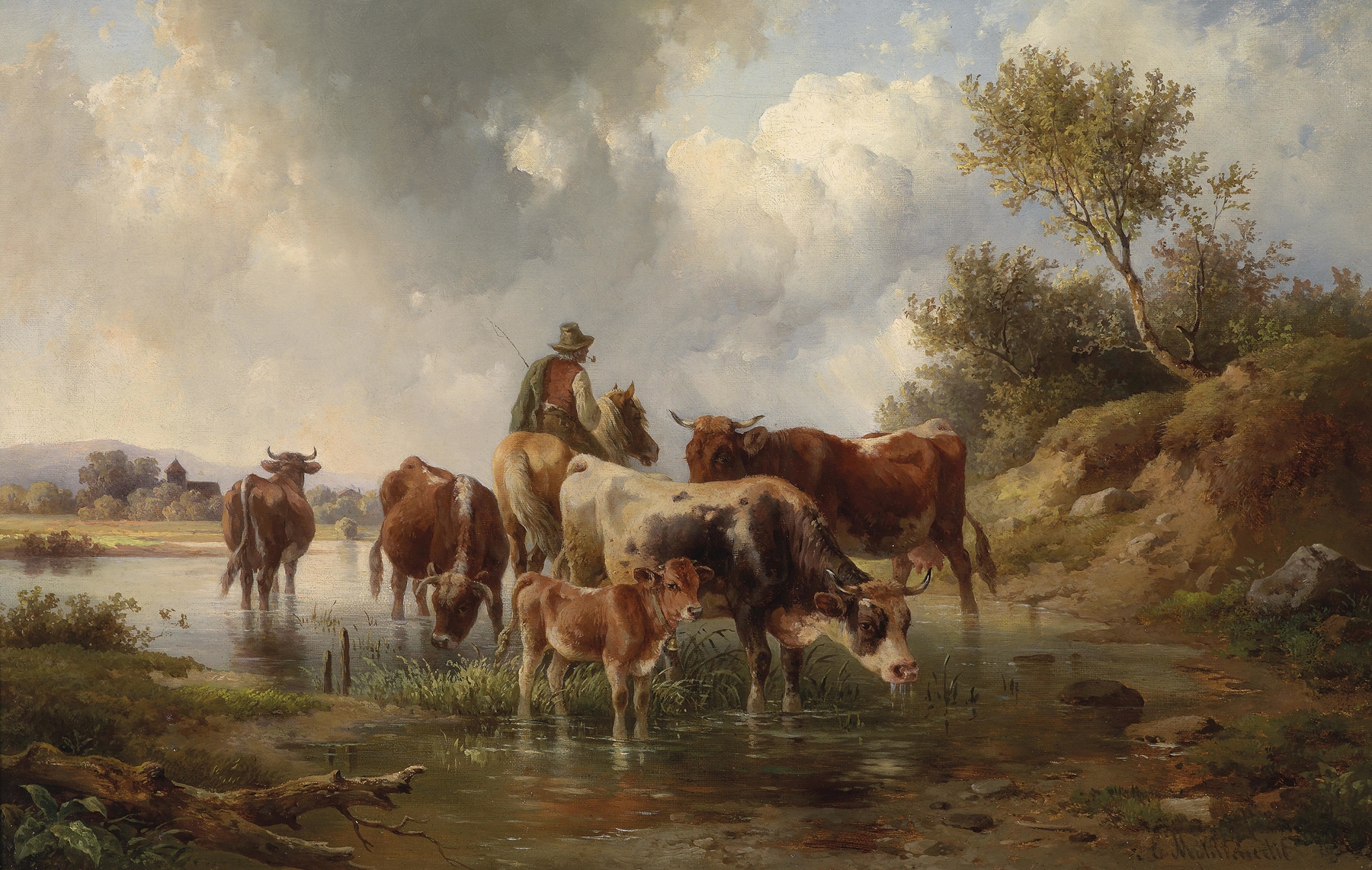 Landscape with cows and herders, oil painting by Edmund Mahlknecht