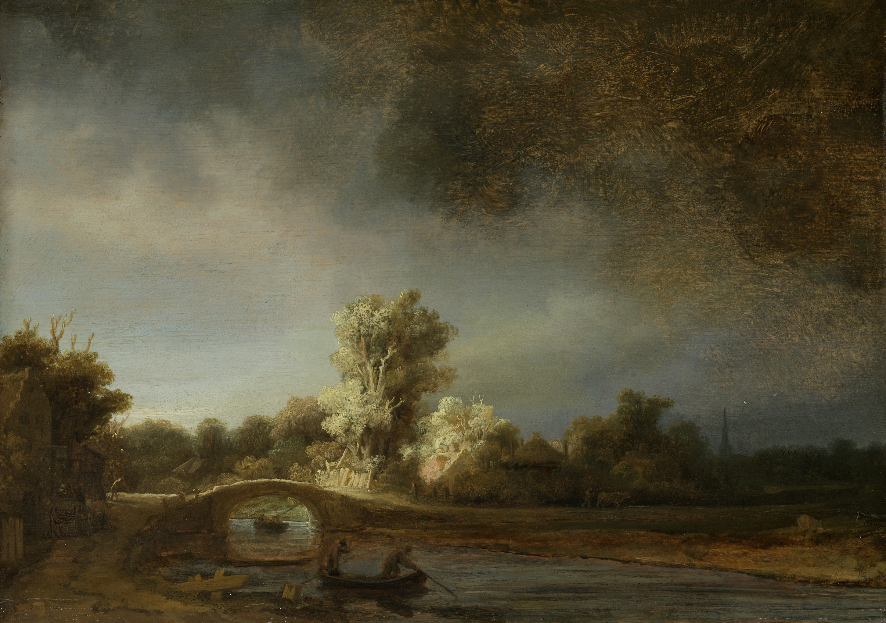 Landscape with a stone bridge, oil on panel by Rembrandt van Rijn