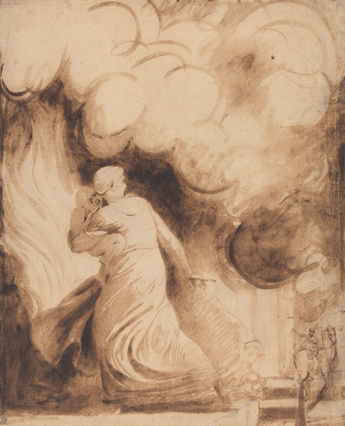 A mother holds her child tightly while flying above a city engulfed in flames.
