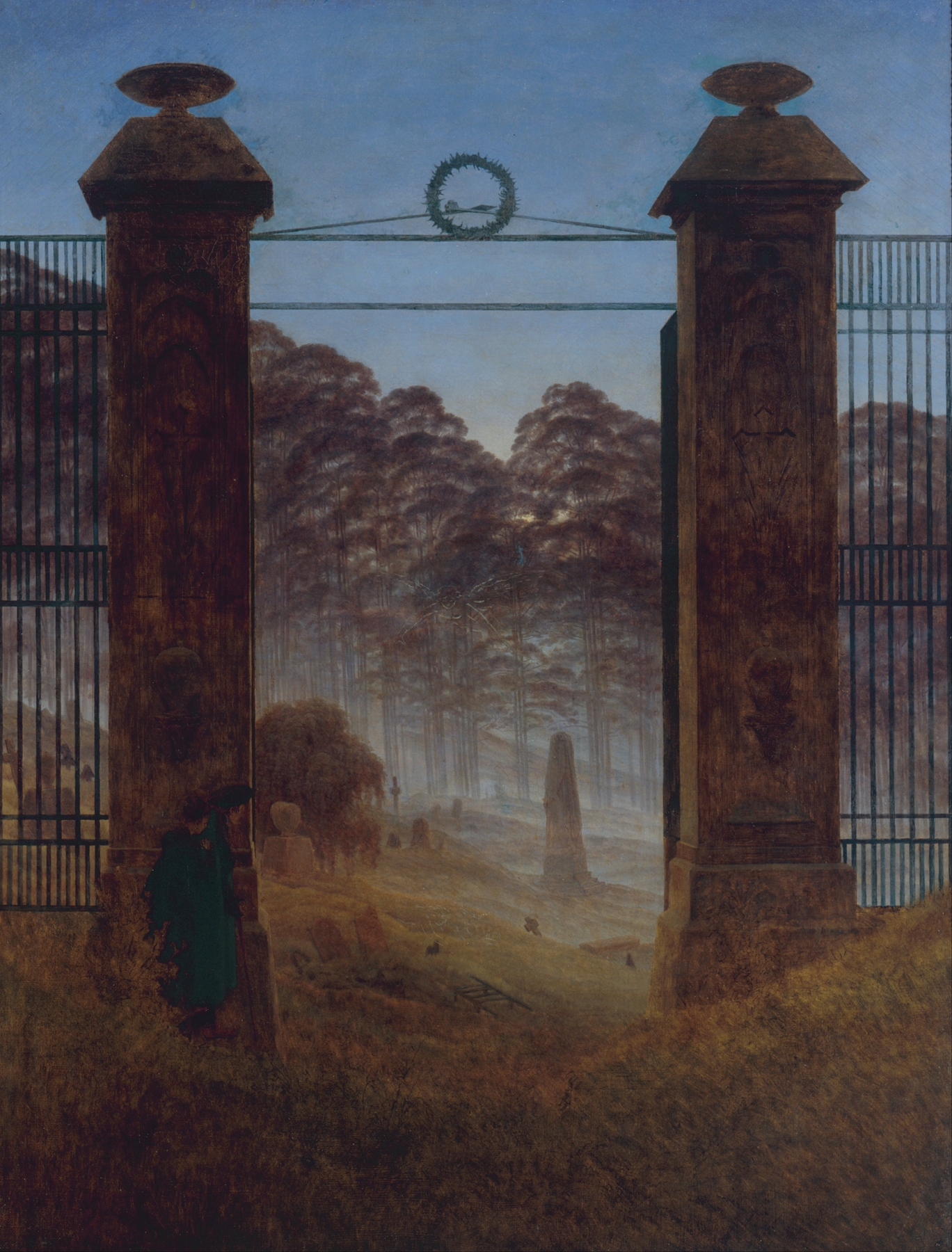 Landscape with tombstones and misty sky, oil painting by Caspar David Friedrich