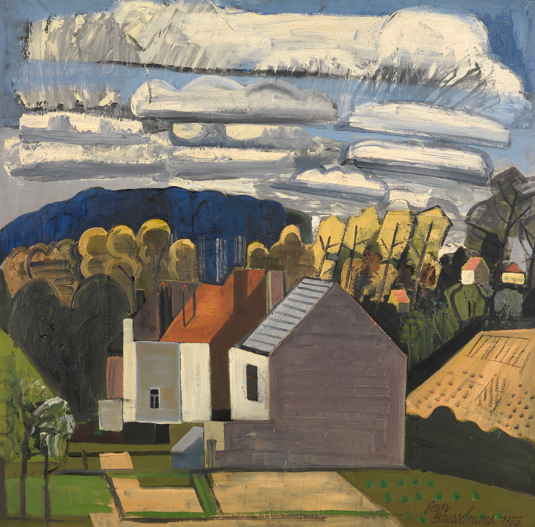 Sunny Landscape by Jean Brusselmans, oil on canvas depicting sunlit fields and vibrant colors.