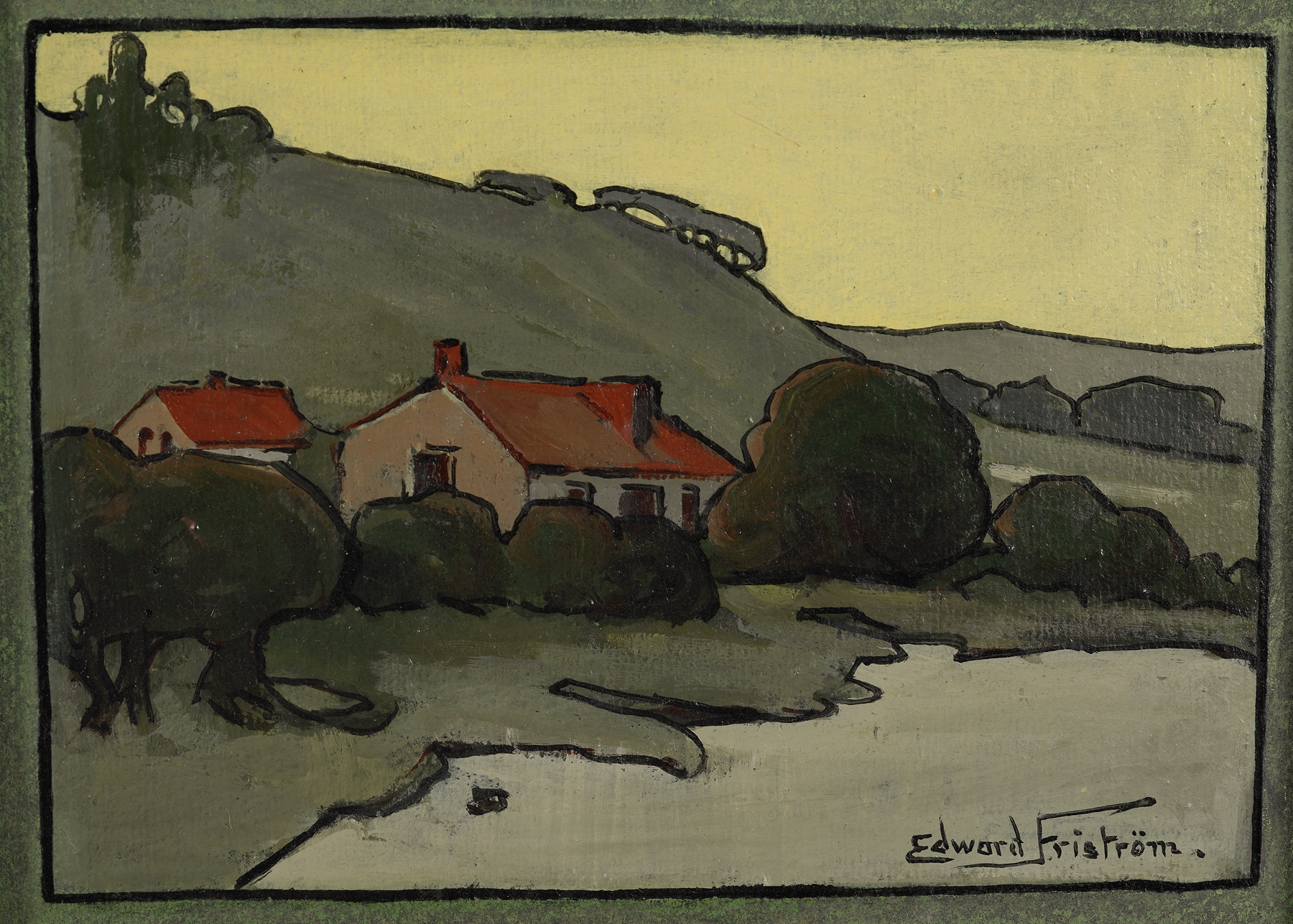 Oil painting by Edward Friström depicting a tranquil landscape with a cottage by Lake Wakatipu