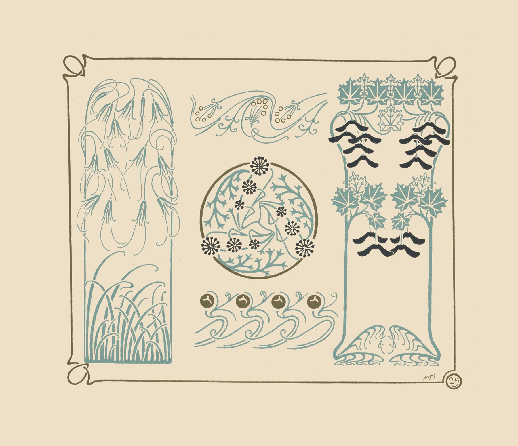 Abstract design based on berries, leaves, grasses, by Maurice Pillard Verneuil, public domain