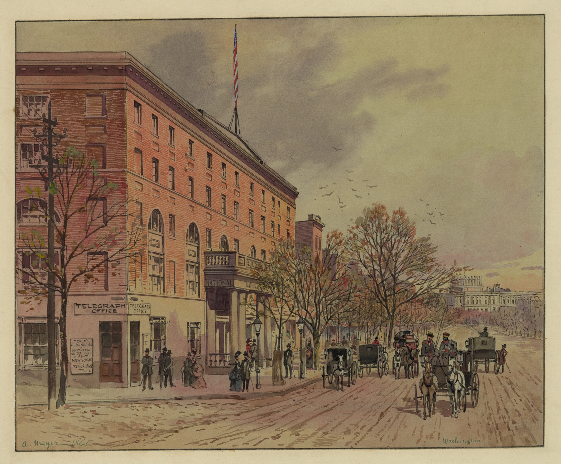 Landscape depicting unfinished Capitol and National Hotel by A. Meyer, 1860