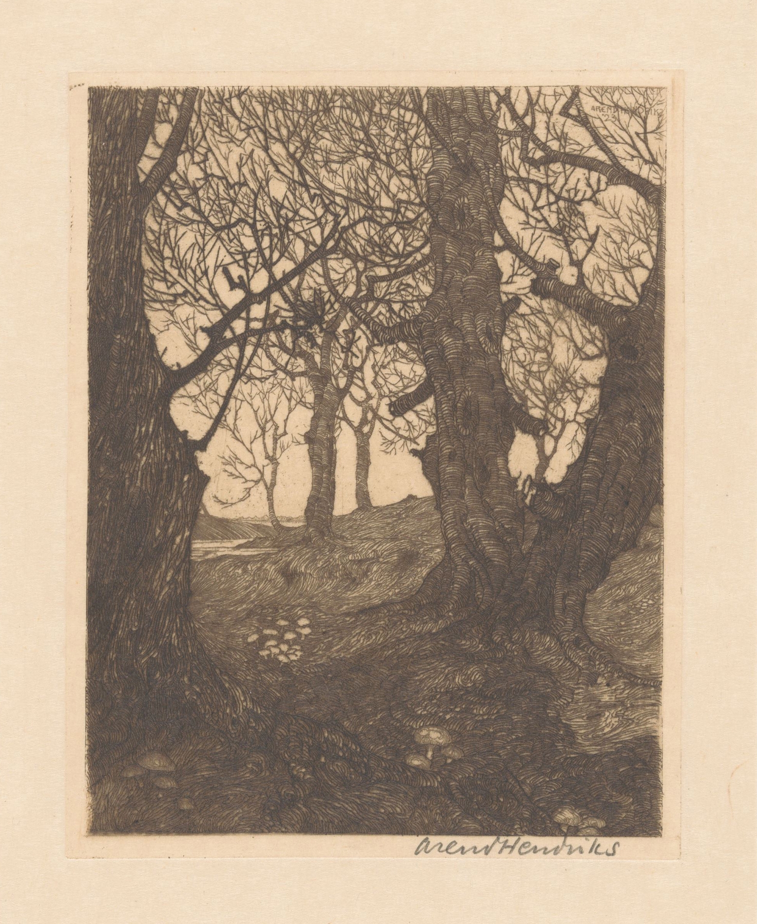 Landscape featuring a path through barren trees by Arend Hendriks, medium unknown.