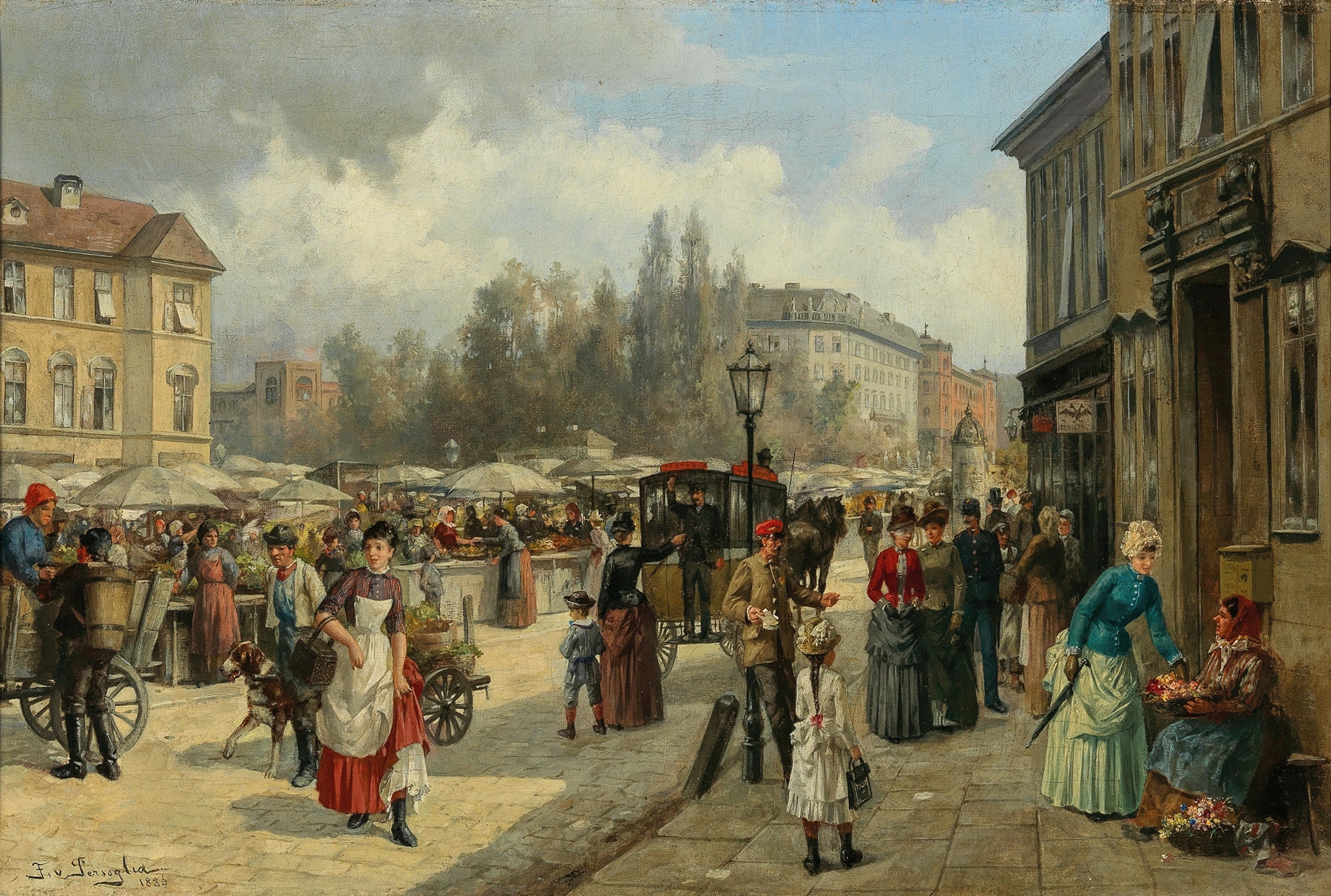A genre scene depicting a bustling marketplace in Vienna, oil on canvas by Franz von Persoglia