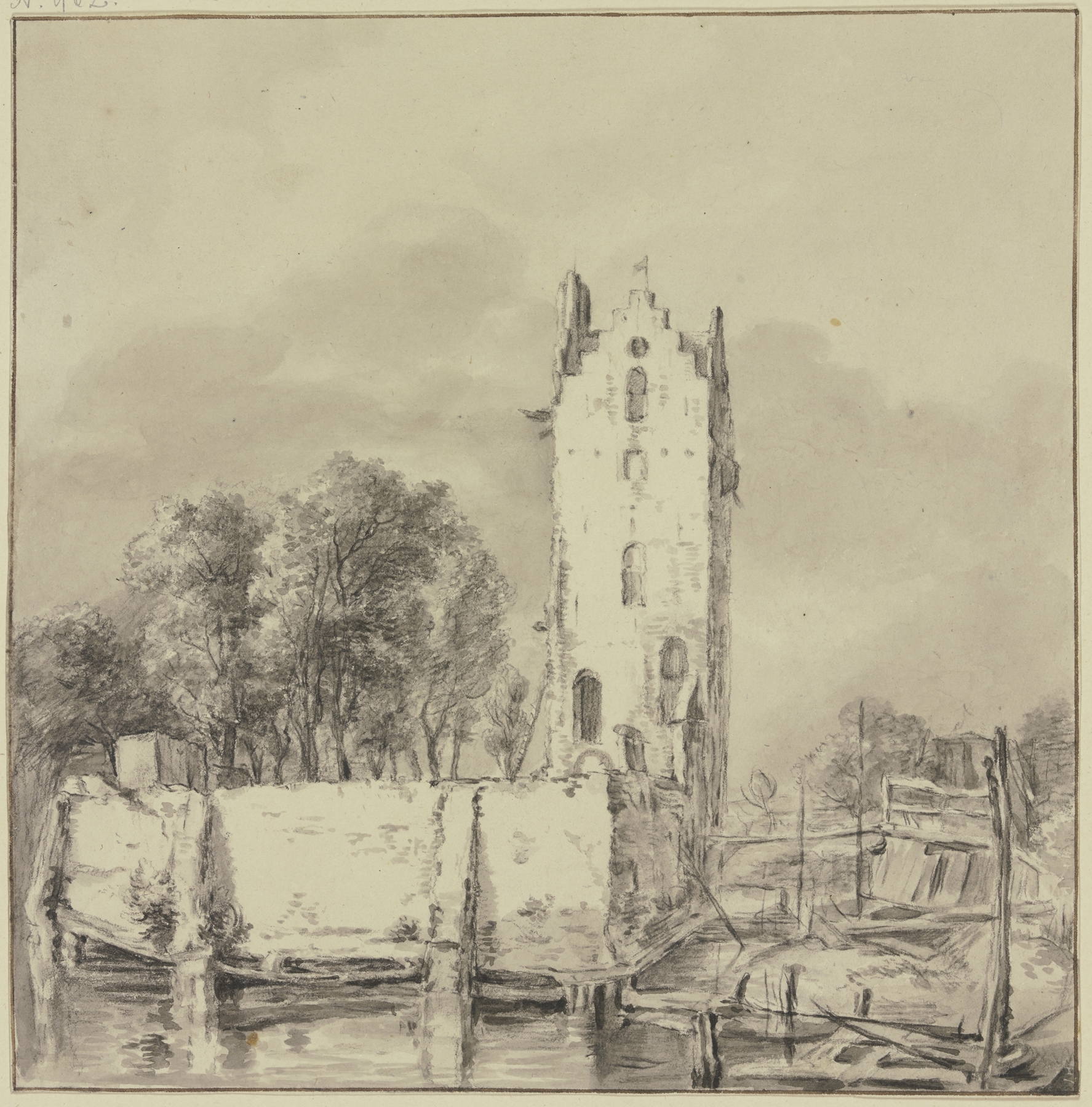 Turm bei einer Mauer, von Wasser umgeben, by Jan Hulswit, public domain