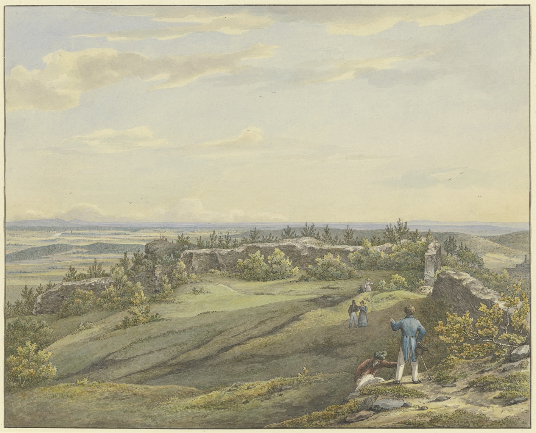Burghof der Ruine Falkenstein mit Ausblick auf die Mainebene, den Odenwald und die Rheinberge, by Carl Morgenstern, public domain