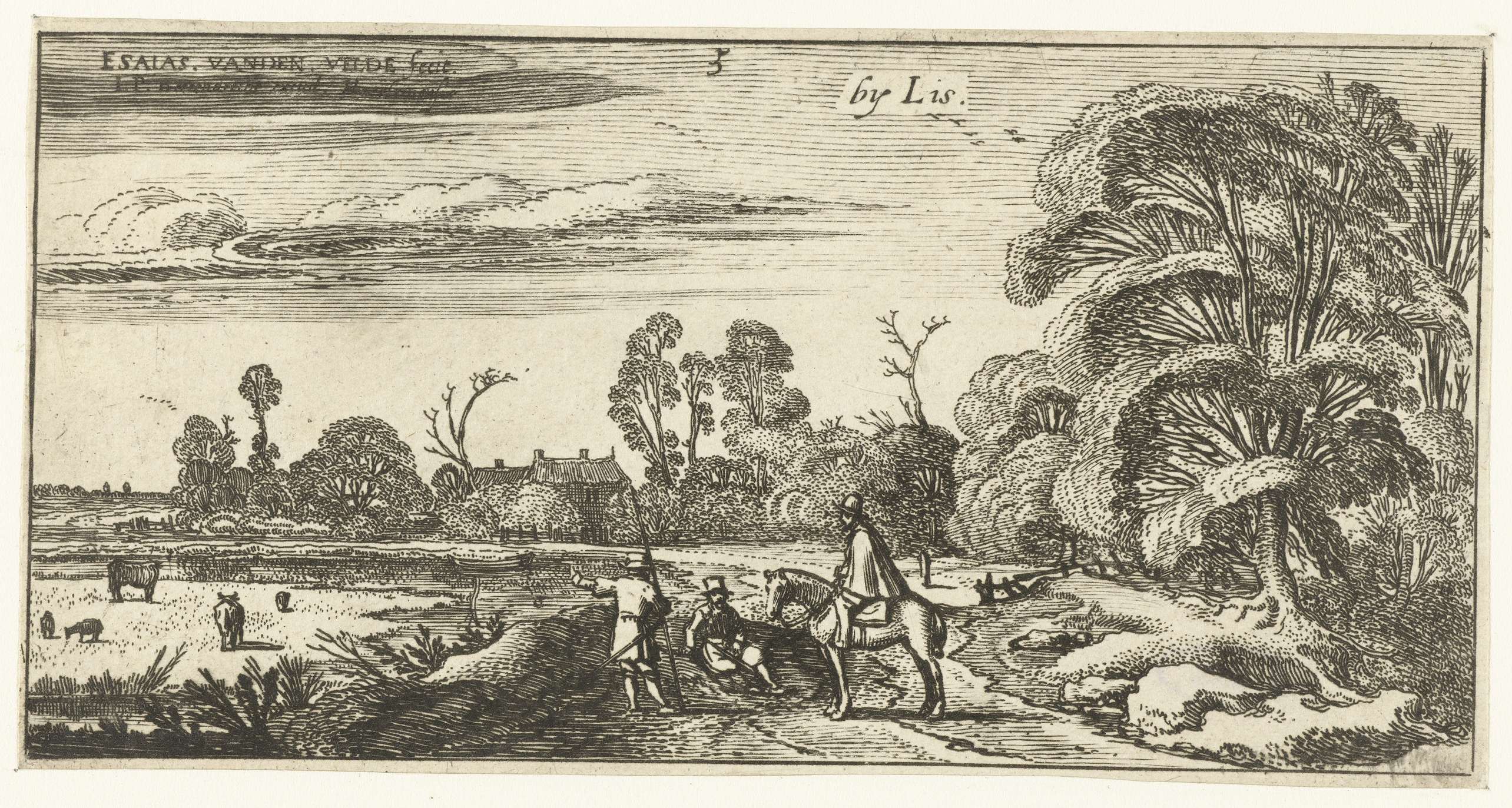 Ruiter en wandelaars op een weg bij Lisse, etching by Esaias van de Velde showing riders and walkers on a winding road.