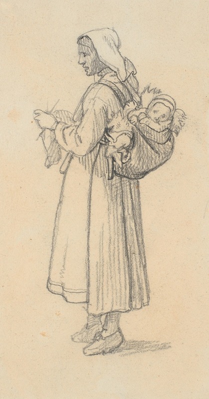 A Swedish woman knitting with a child on her back.