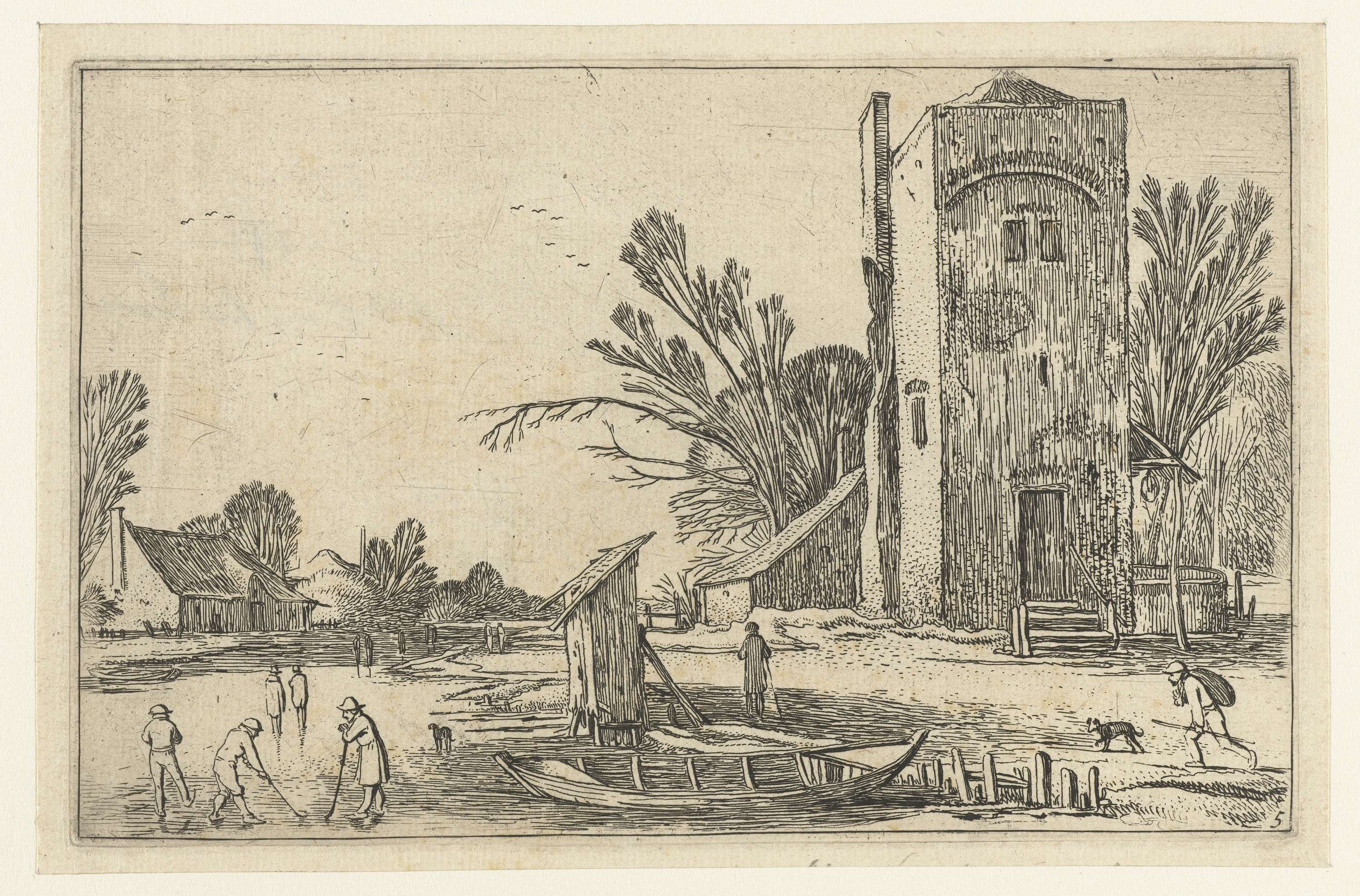 Etching by Esaias van de Velde depicting kolf players by a frozen river