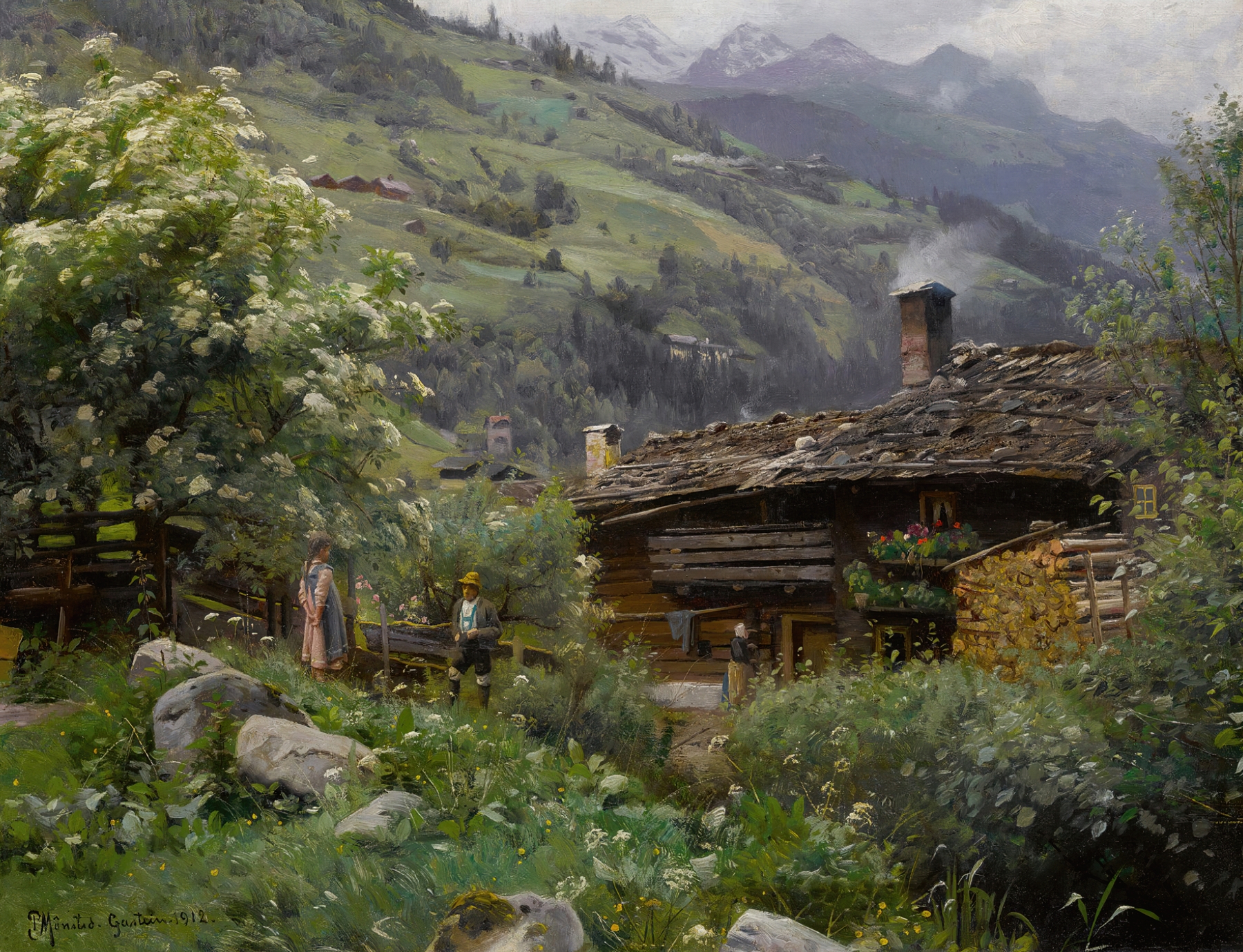 A Cottage In Gastein, Austria by Peder Mørk Mønsted, oil painting of a tranquil cottage in the mountains.