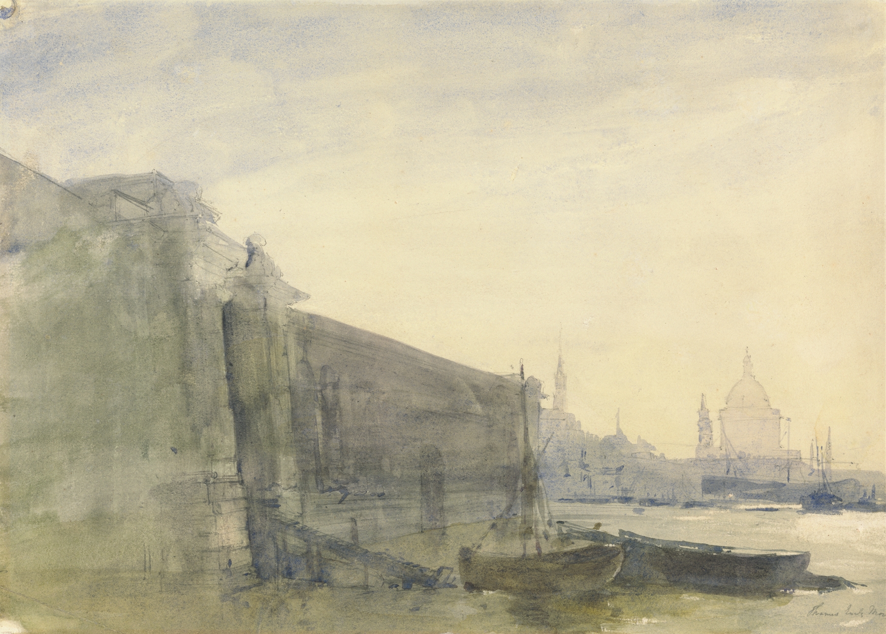 The Thames, Early Morning, Towards St. Paul’s by John William Inchbold, oil painting depicting a river landscape.