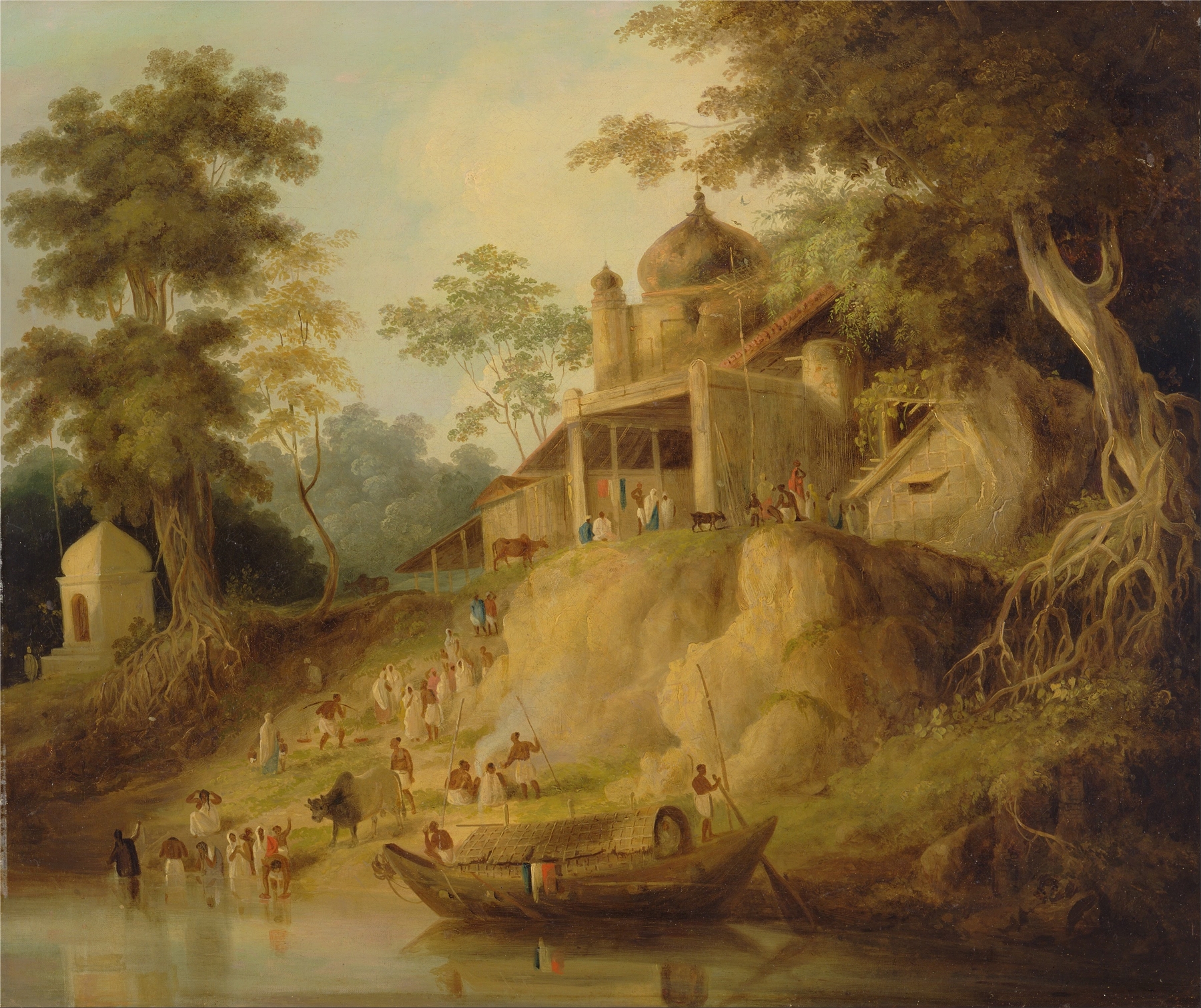 Watercolour by William Daniell depicting the Ganges river at sunset