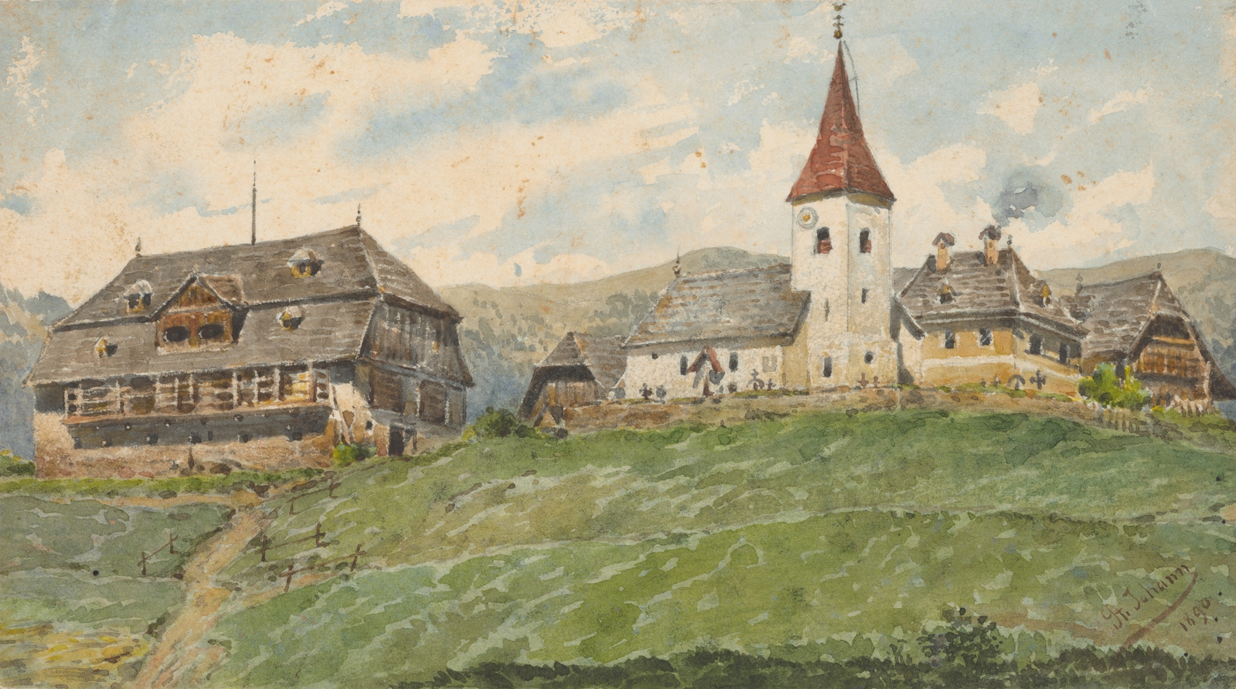 View of St. Johann, oil on canvas by Friedrich Carl von Scheidlin, depicting rugged mountains and tranquil nature.