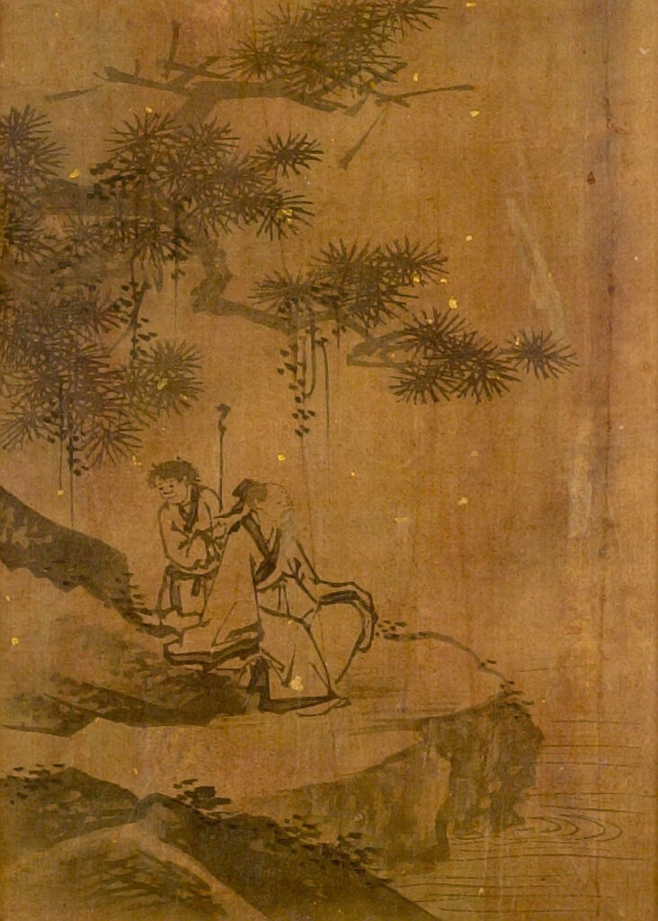 Gentleman seated on a rock by a lake with a pine tree, ink on silk by Yi Chŏng.