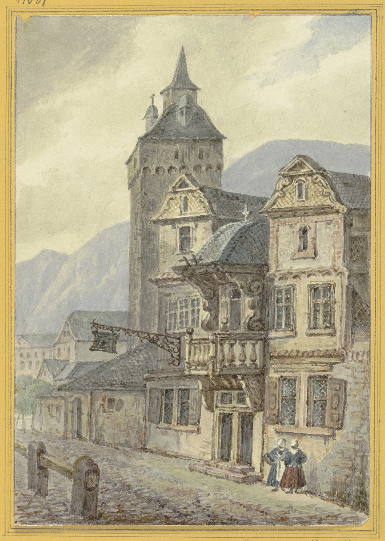 Old houses and a tower, by Hector von Günderrode, public domain