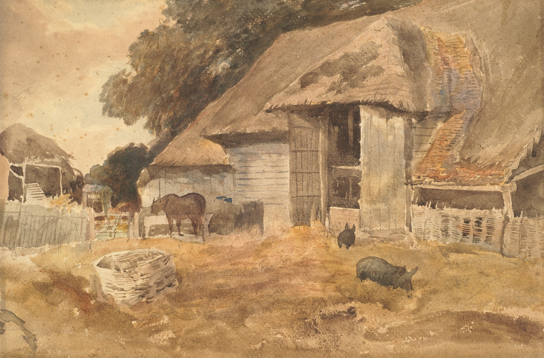 Farmyard at Compton by Peter De Wint, watercolor on paper depicting a tranquil rural landscape.