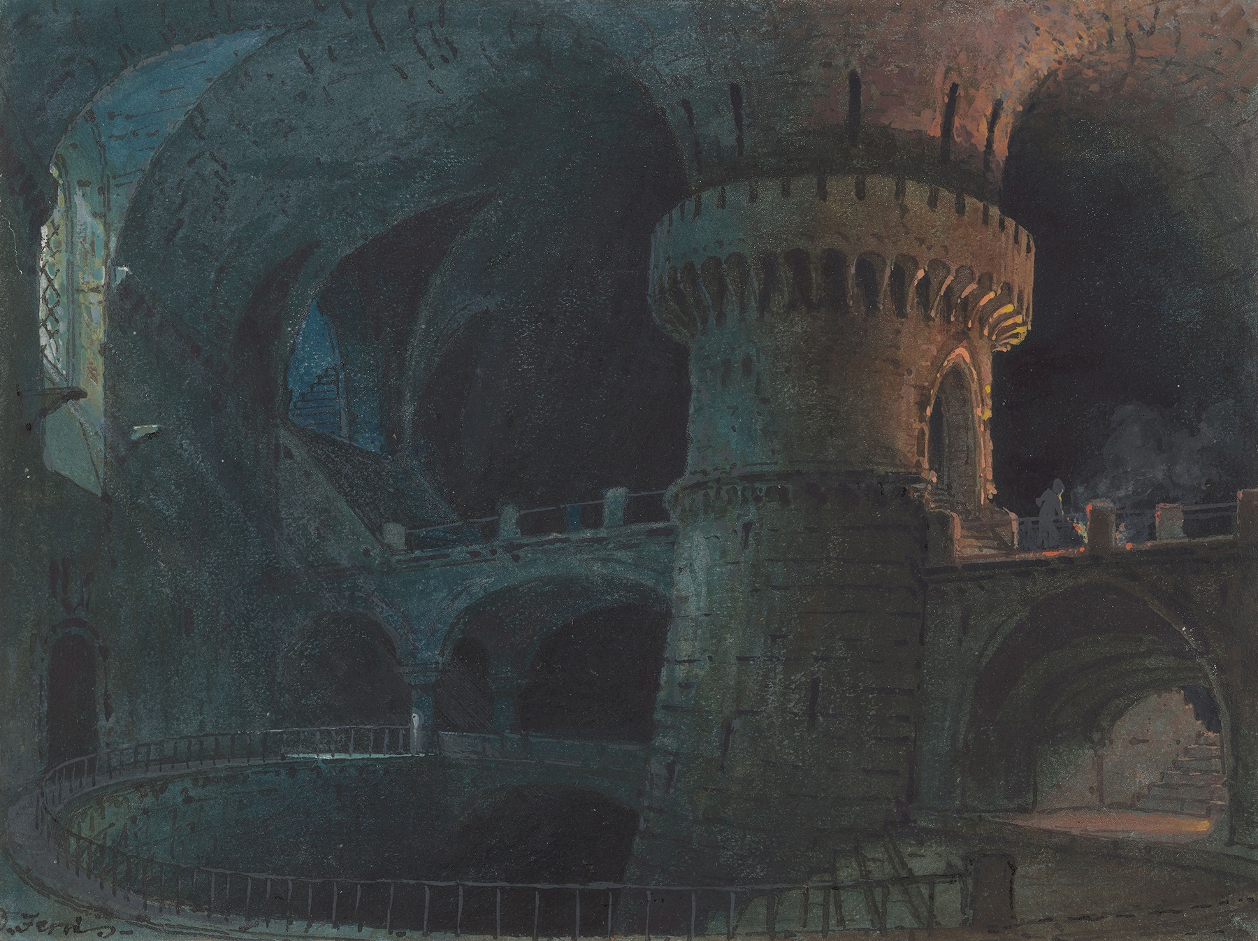 Gothic interior scene depicting a medieval prison by Domenico Ferri