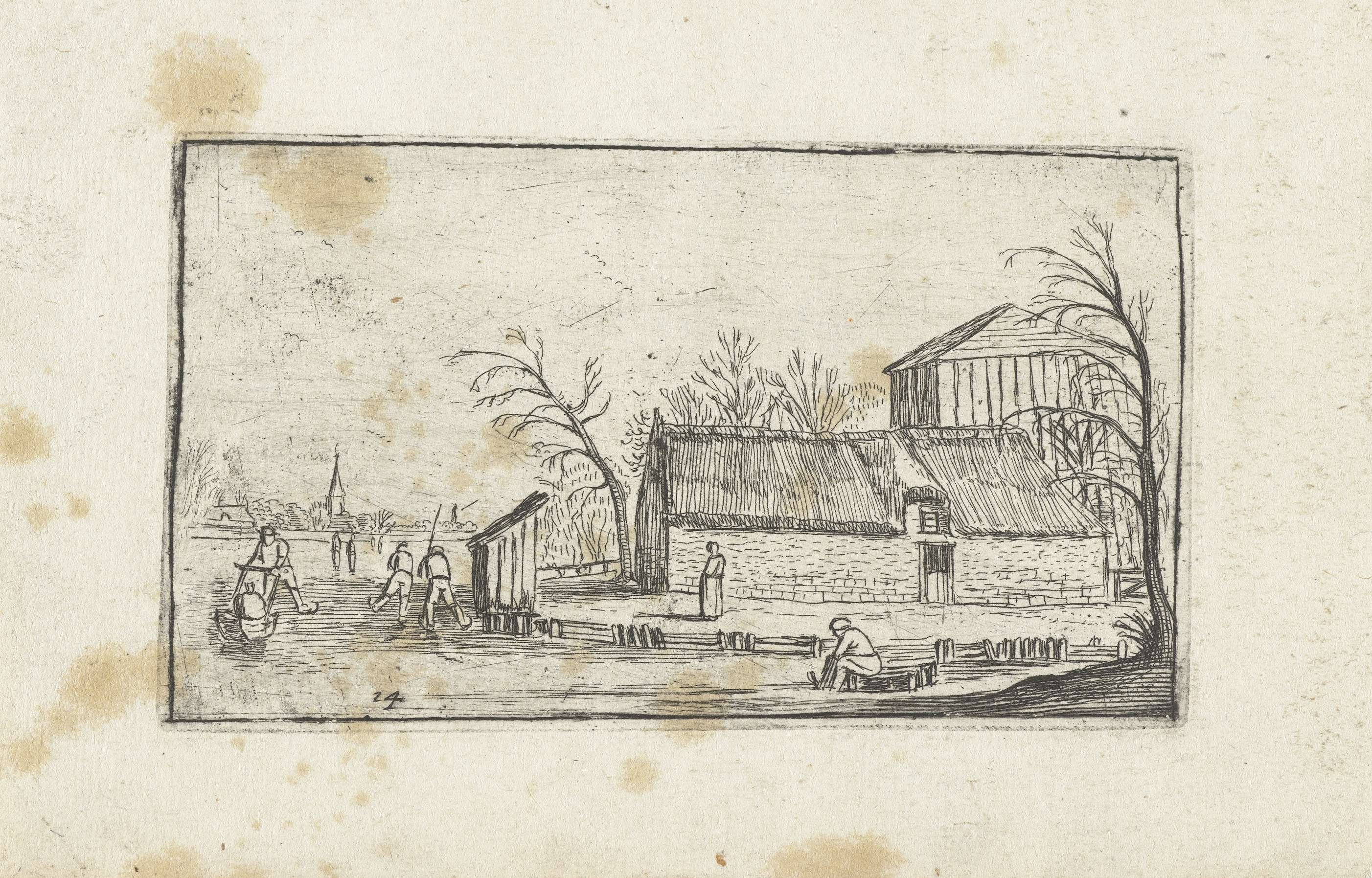 Frozen river with skaters near a farm, etching by Unknown Artist