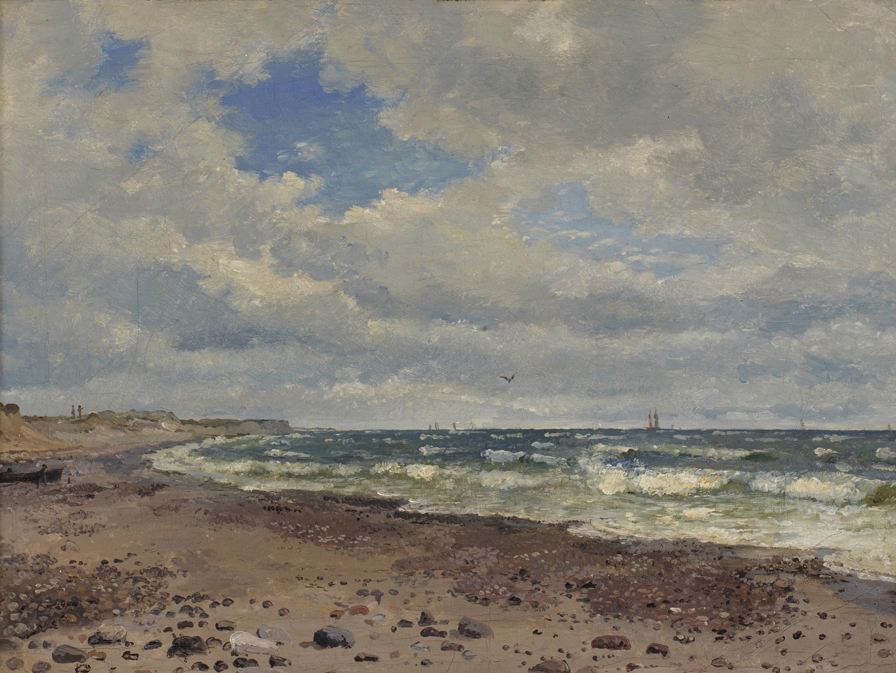A Beach with Dunes by Dankvart Dreyer, oil on canvas depicting a serene beach landscape.