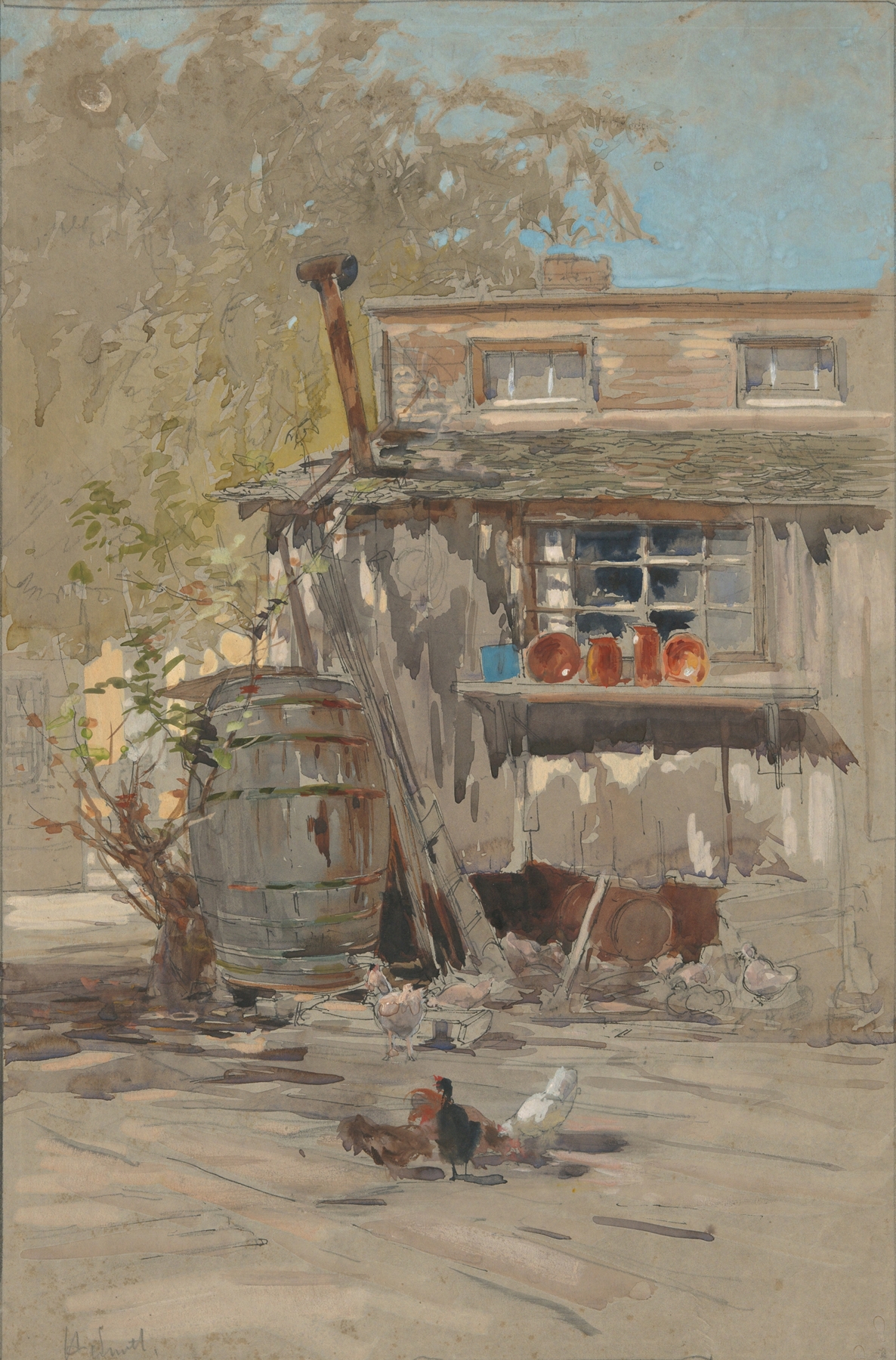 Barnyard by Francis Hopkinson Smith, oil on canvas depicting a vibrant landscape with a barn and fields.