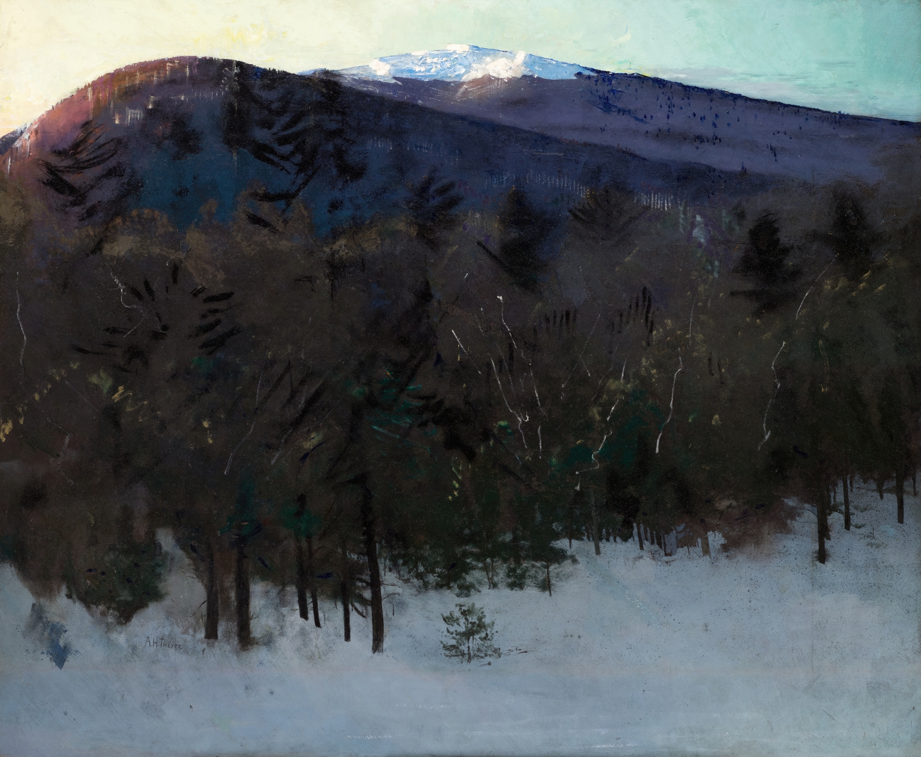Mount Monadnock oil painting by Abbott Handerson Thayer depicting a lush landscape with golden light