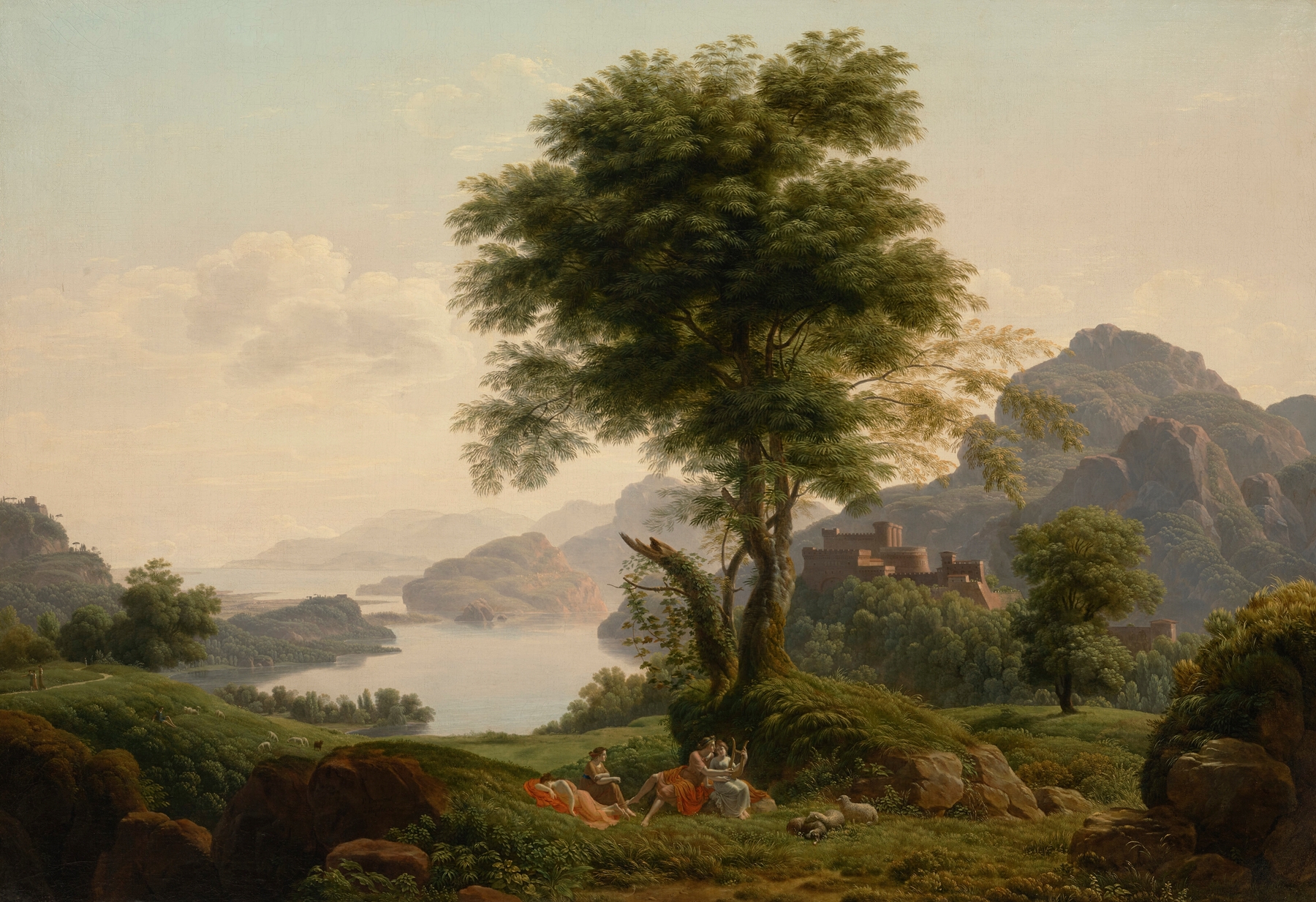 An extensive lake landscape at dawn with Orpheus and Eurydice, oil on canvas by Jean-Pierre Péquignot.