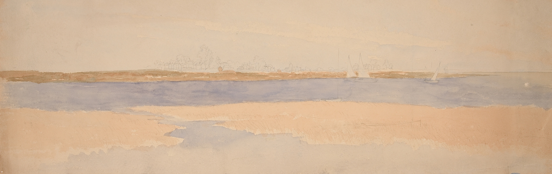 River Landscape with Town on Far Shore, by Edwin Austin Abbey, public domain