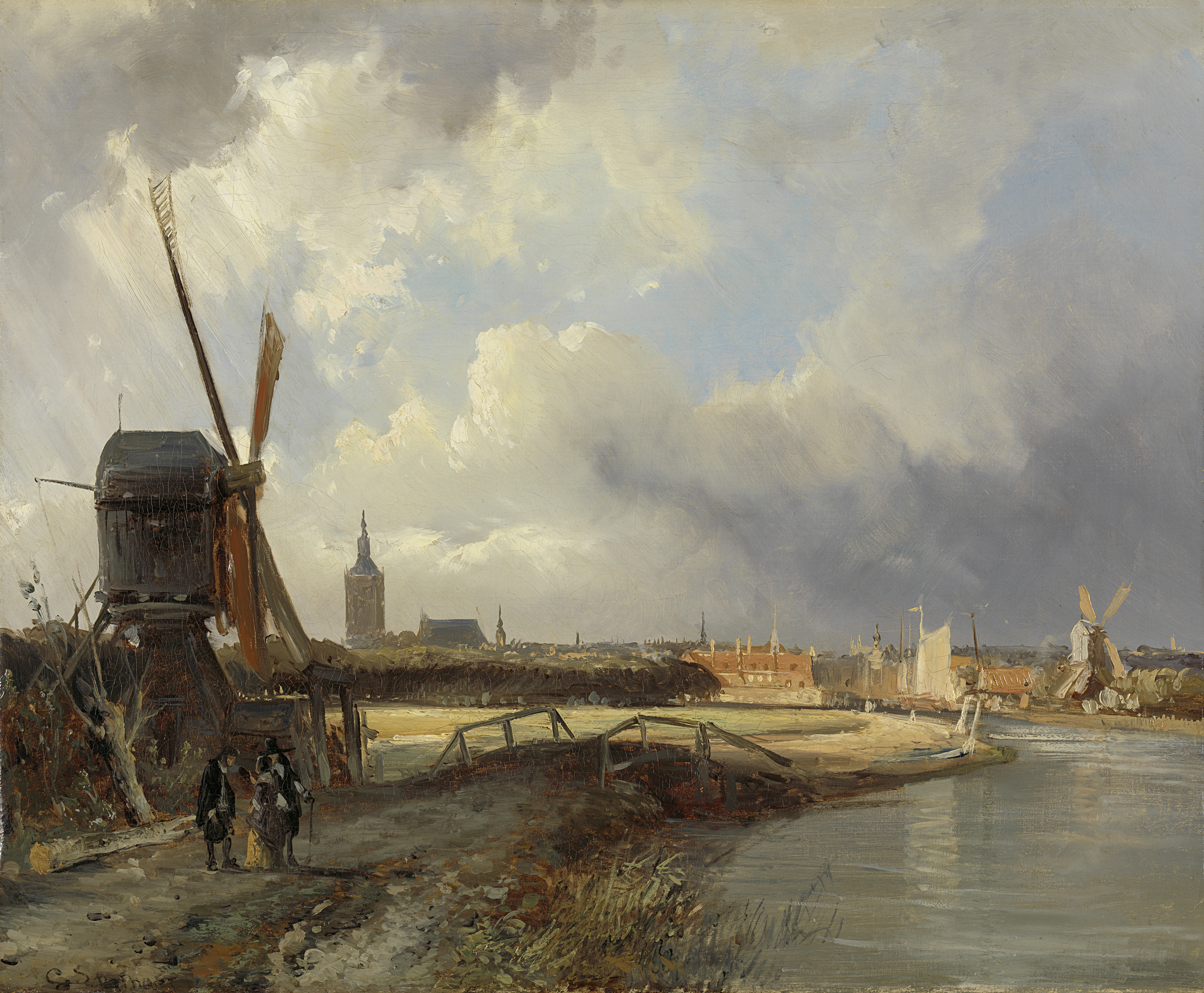 Oil painting by Cornelis Springer depicting The Hague with a church tower.