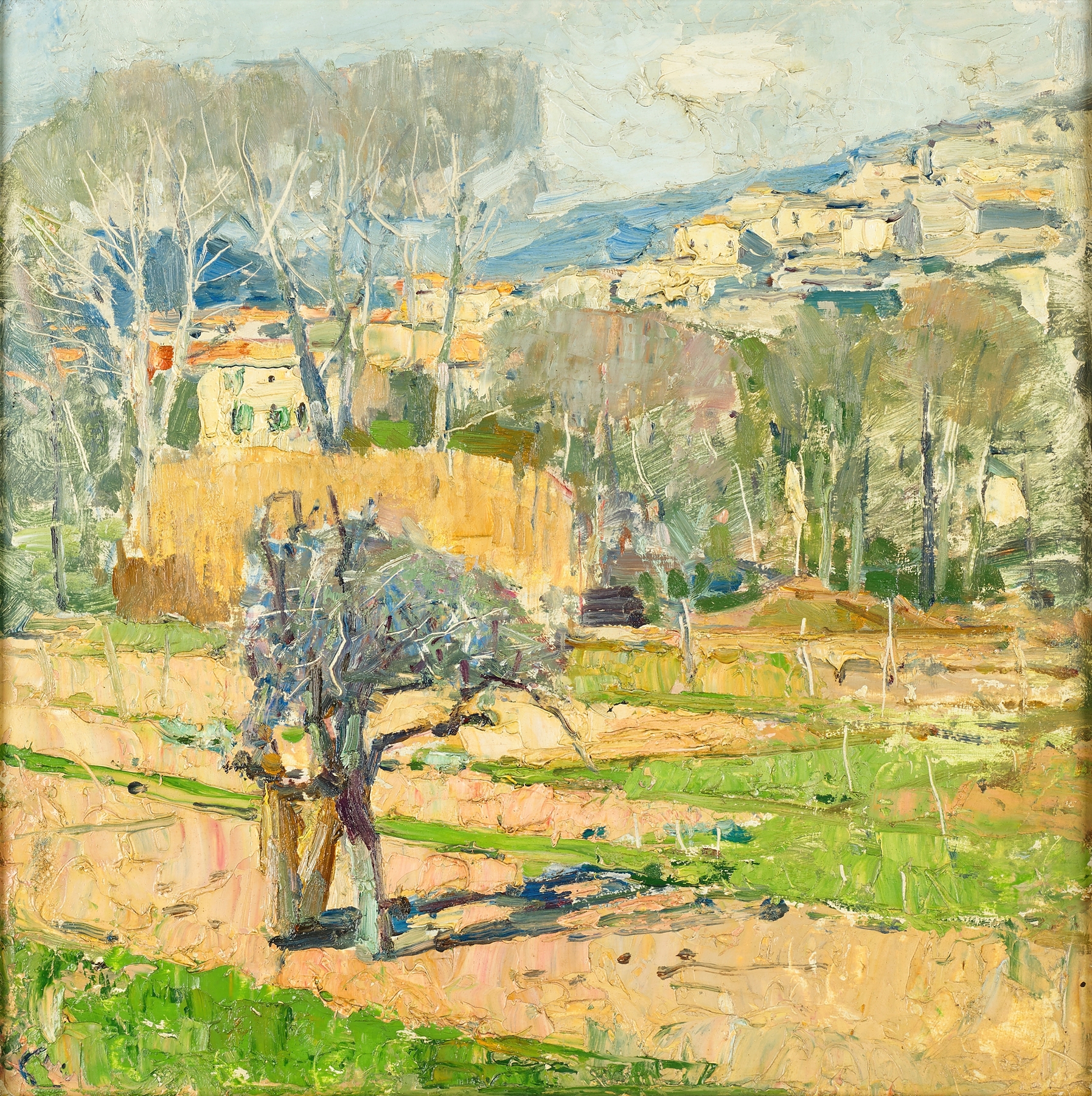Cagnes by Carl Moll, an impressionist landscape featuring soft dawn colors