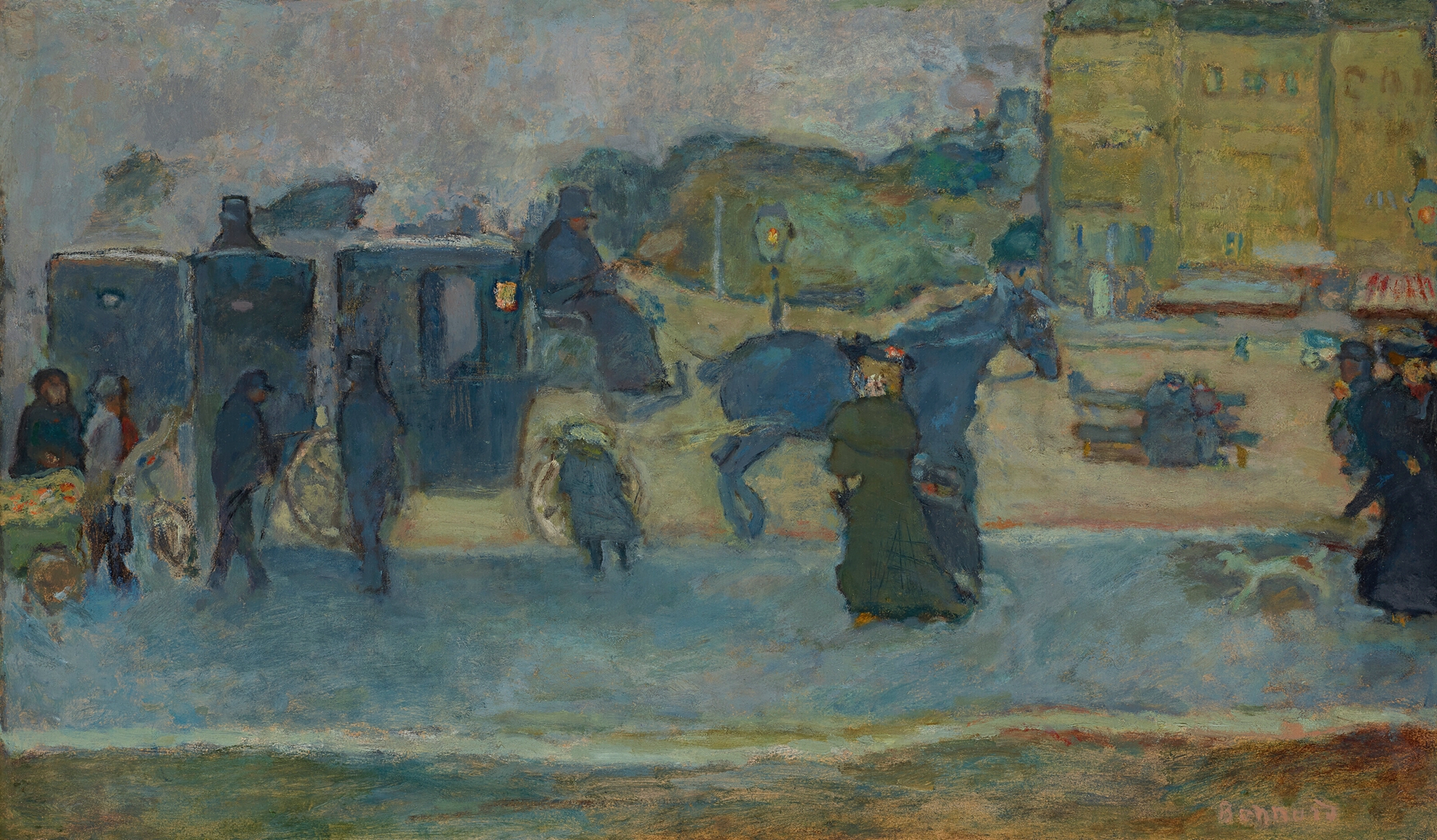 Les deux fiacres (Boulevard des Batignolles) oil painting by Pierre Bonnard depicting a lively street scene.
