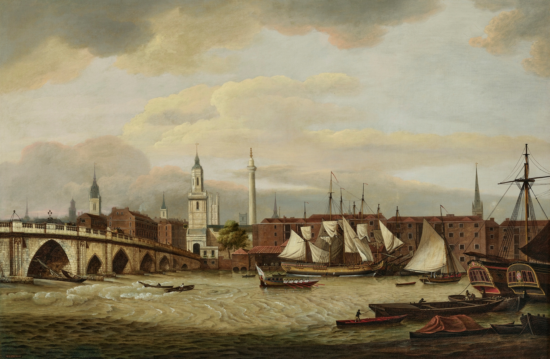 Marine scene of ships at the wharfside, oil on canvas by Thomas Luny