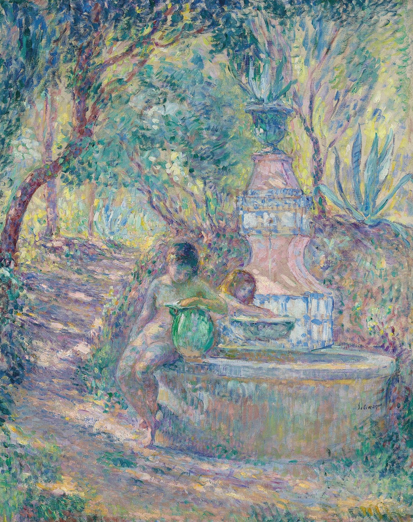 Two girls by a fountain in Saint-Tropez, oil painting by Henri Lebasque