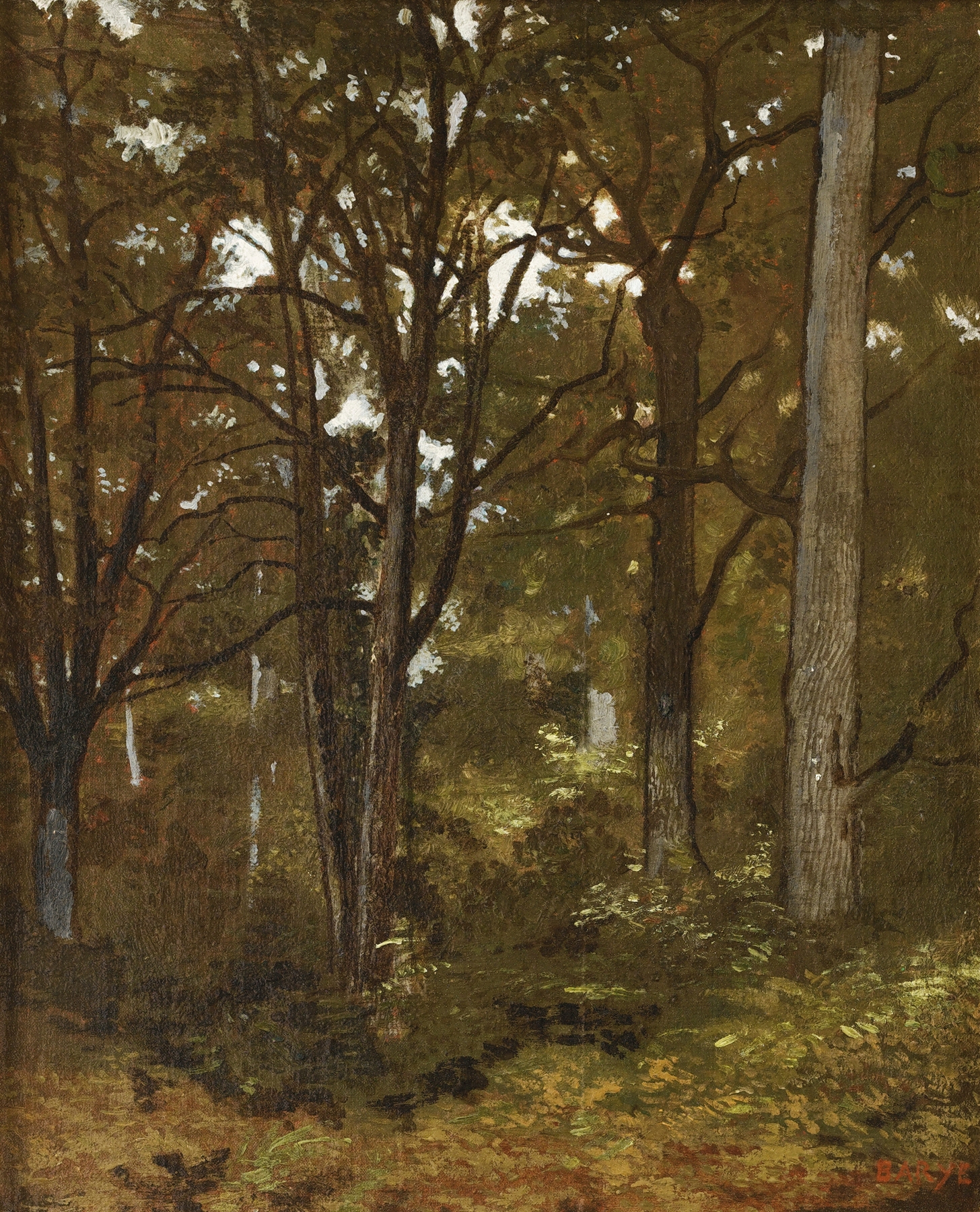 Forest Of Fontainebleau by Antoine-Louis Barye, depicting a stag in a forest, medium unknown.