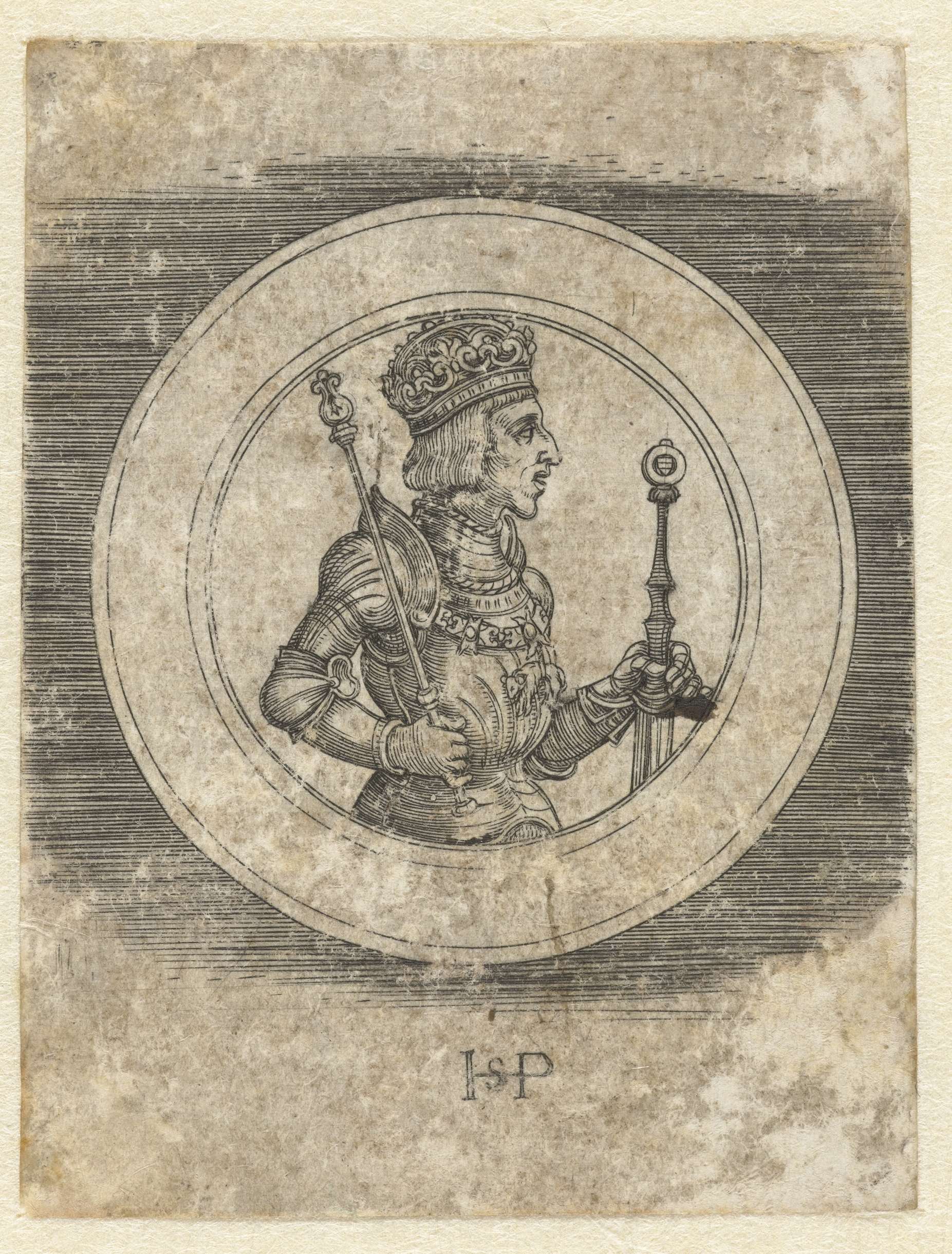 Engraving of King Ferdinand I by Hans Sebald Beham, featuring detailed facial expressions.